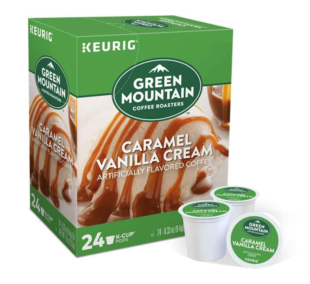 Green Mountain Coffee Pods K-Cups for Keurig Machines Flavored K Cup (All Count Fresh Capsules) Light / Medium / Dark Roast Long Expiry ALL FLAVORS (24 K-Cups Caramel Vanilla Cream Coffee)