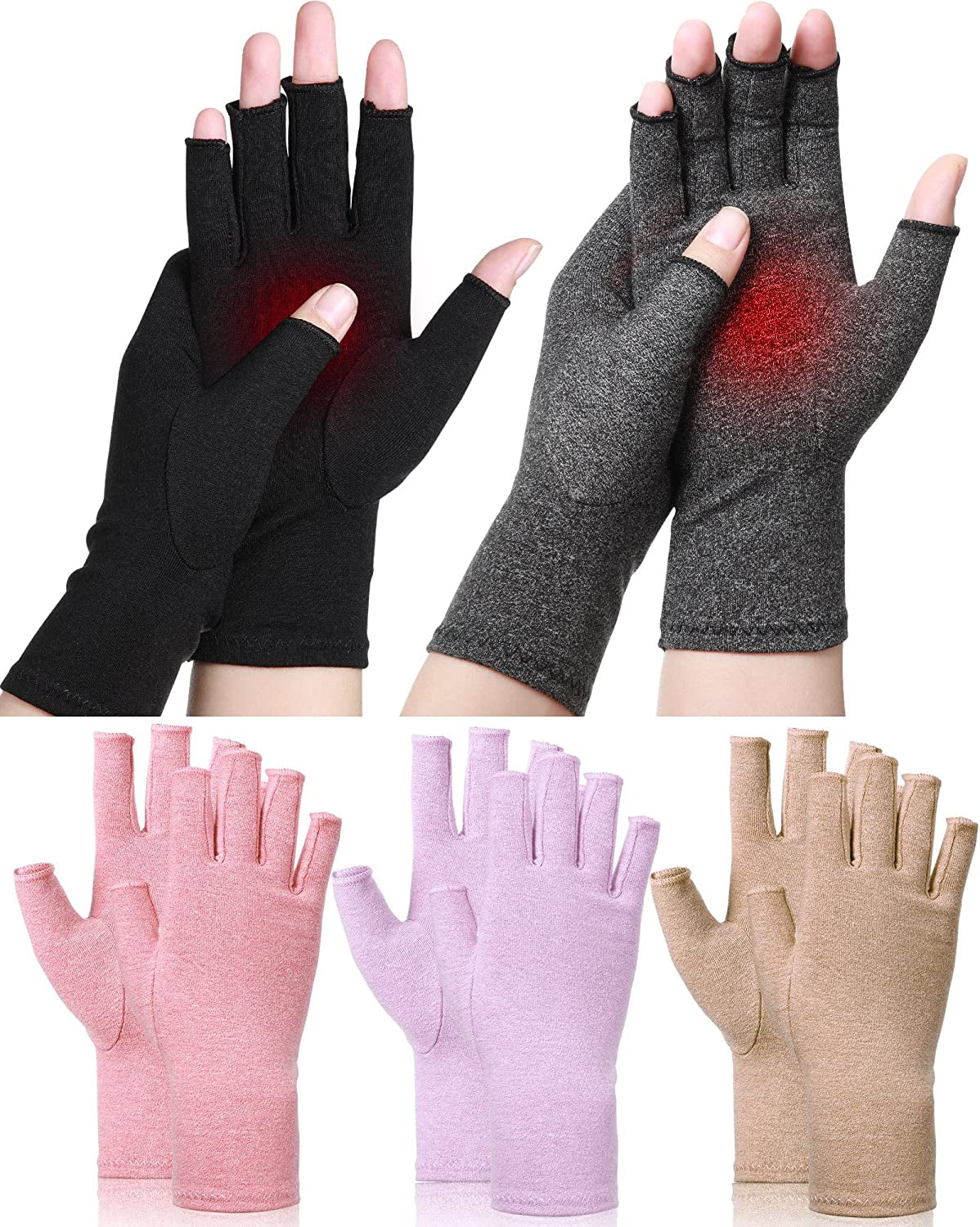 SATINIOR 5 Pairs Arthritis Compression Gloves Fingerless Compression Gloves Arthritis Gloves Joint Relief Gloves for Dailywork (Medium), Black, Gray, Beige, Pink, Purple