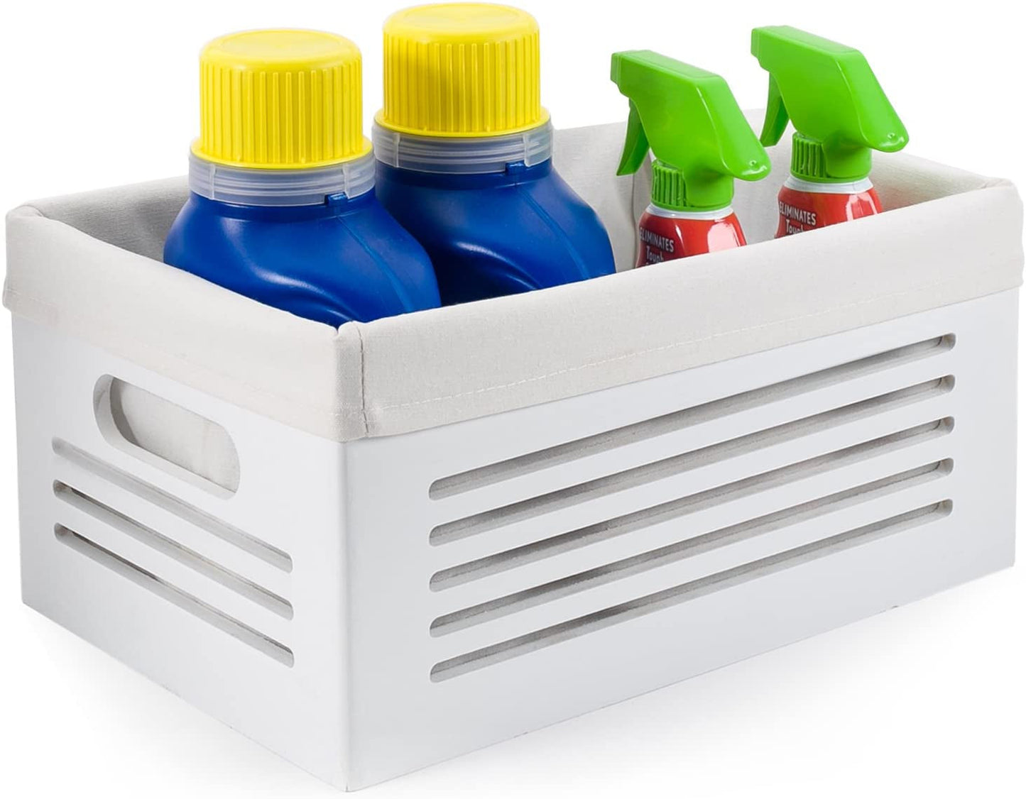 Wooden Storage Bin Container - Decorative Closet, Cabinet and Shelf Basket Organizer Lined with Machine Washable Soft Linen Fabric - White, Small