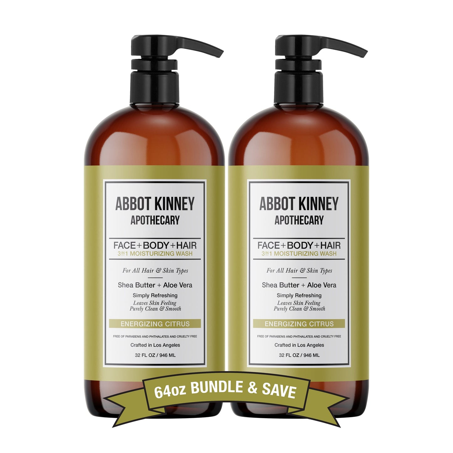 2 PACK - Men's 3-in-1 Moisturizing Shampoo, Conditioner, and Body Wash - Energizing Citrus 32oz by Abbot Kinney Apothecary by Los Angeles Brands