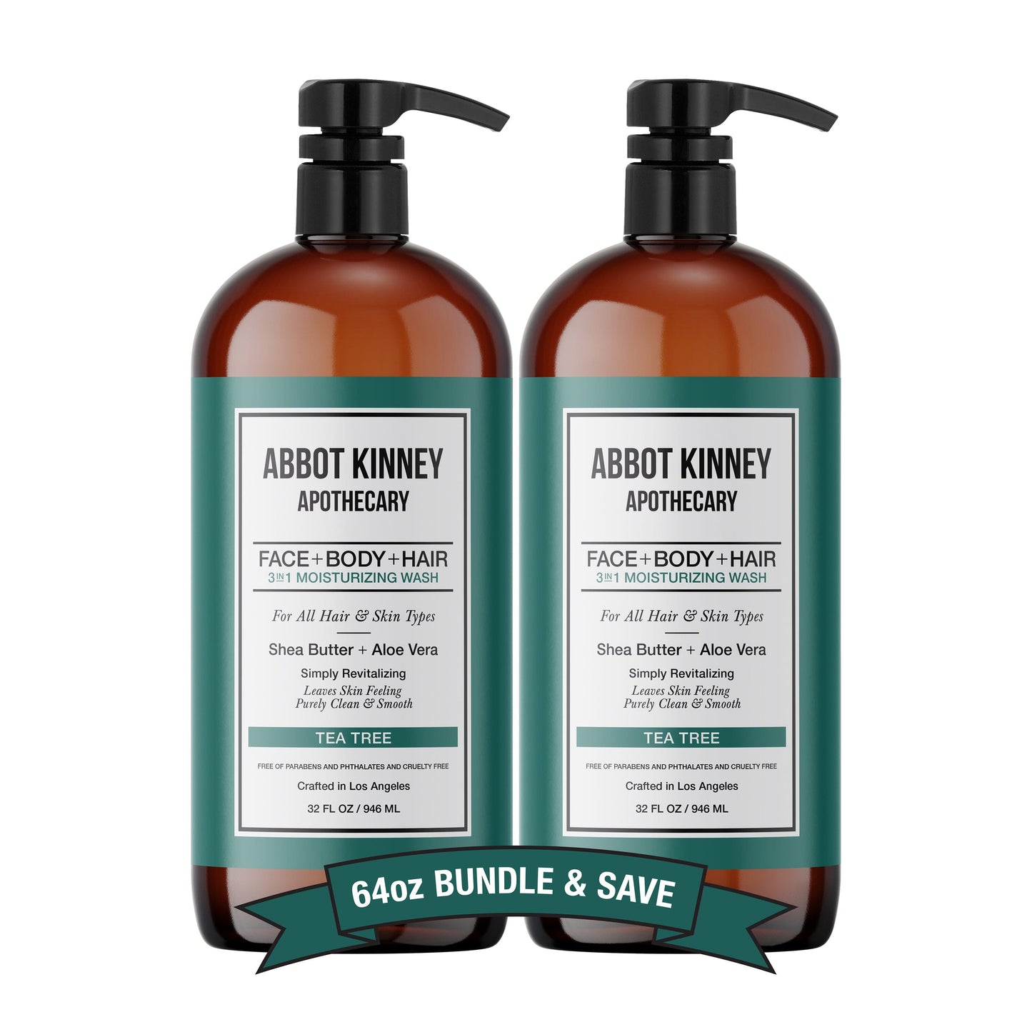2 PACK - Men's 3-in-1 Moisturizing Shampoo, Conditioner, and Body Wash, Tea Tree 32oz by Abbot Kinney Apothecary by Los Angeles Brands