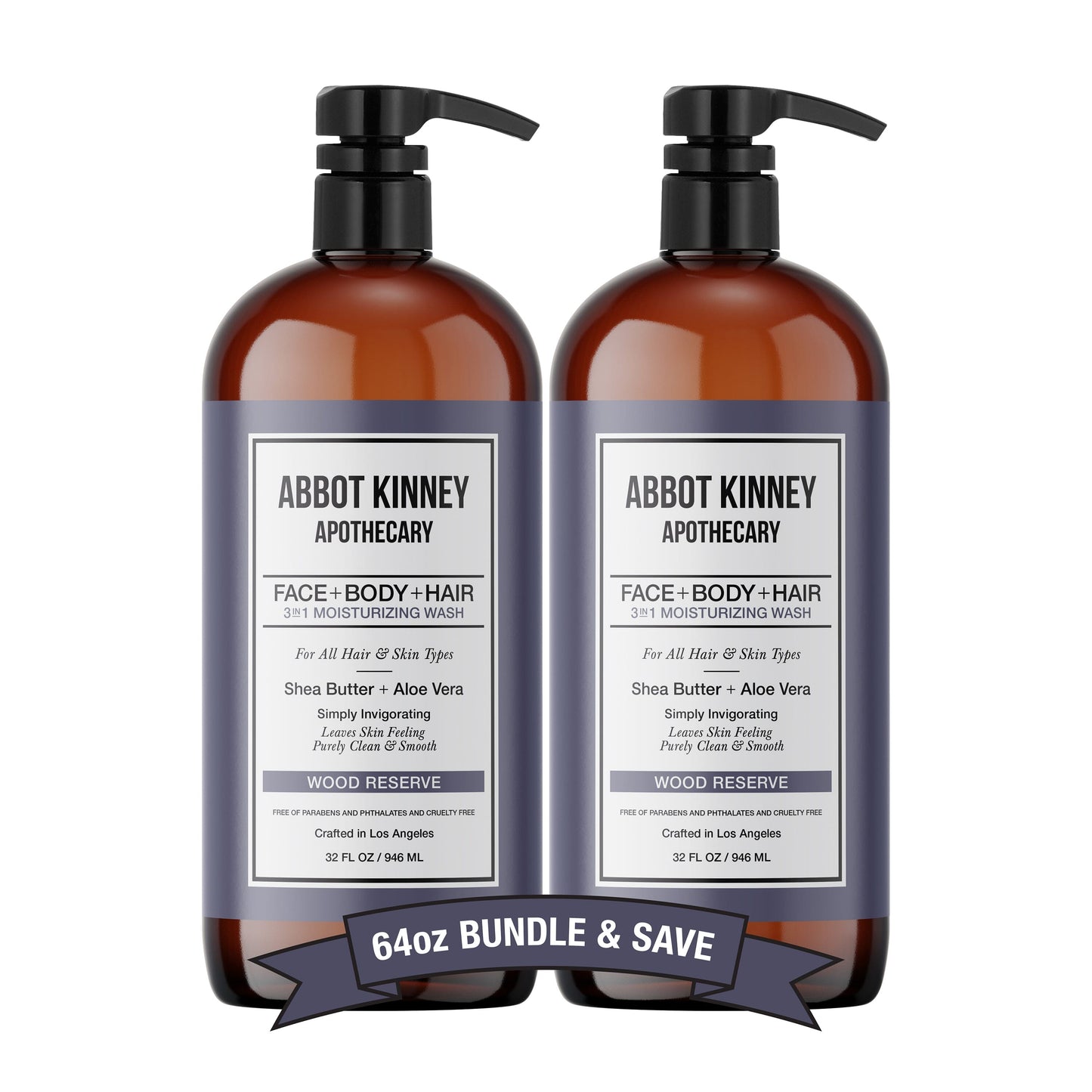 2 PACK - Men's 3-in-1 Moisturizing Shampoo, Conditioner, and Body Wash - Wood Reserve 32oz by Abbot Kinney Apothecary by Los Angeles Brands
