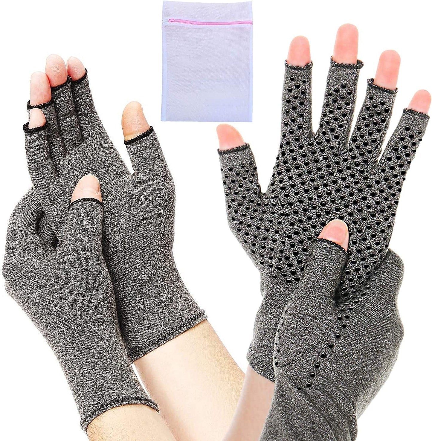 2 Pair Compression Arthritis Gloves Fingerless Hand Wrist Support Joint Pain Relief for Men & Women -Grey - (1X Plain & 1X Dotted) (Medium) & Mesh Bag