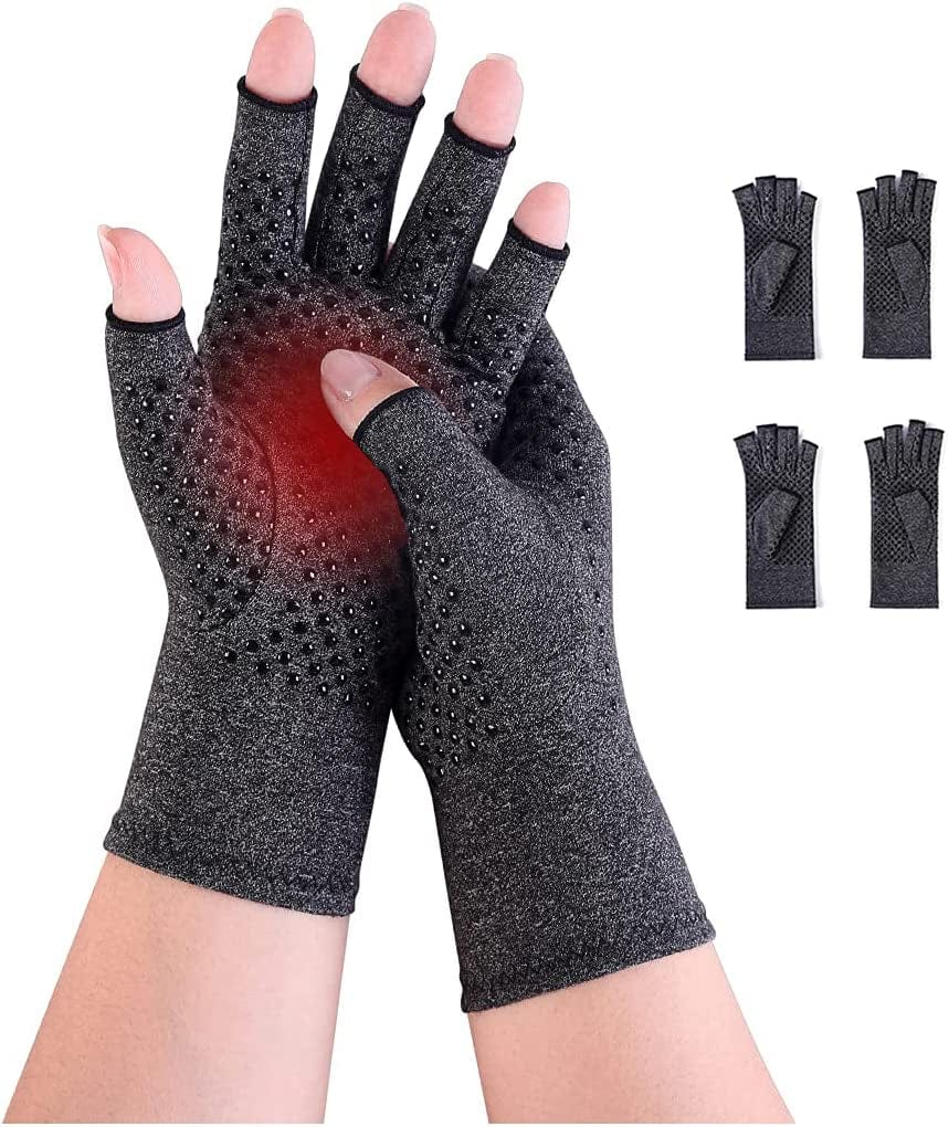 2 Pairs Arthritis Compression Gloves Fingerless Warm Winter Gloves for Women Men Relieve Symptoms Rheumatoid Osteoarthritis Raynauds Disease(Grey, M)