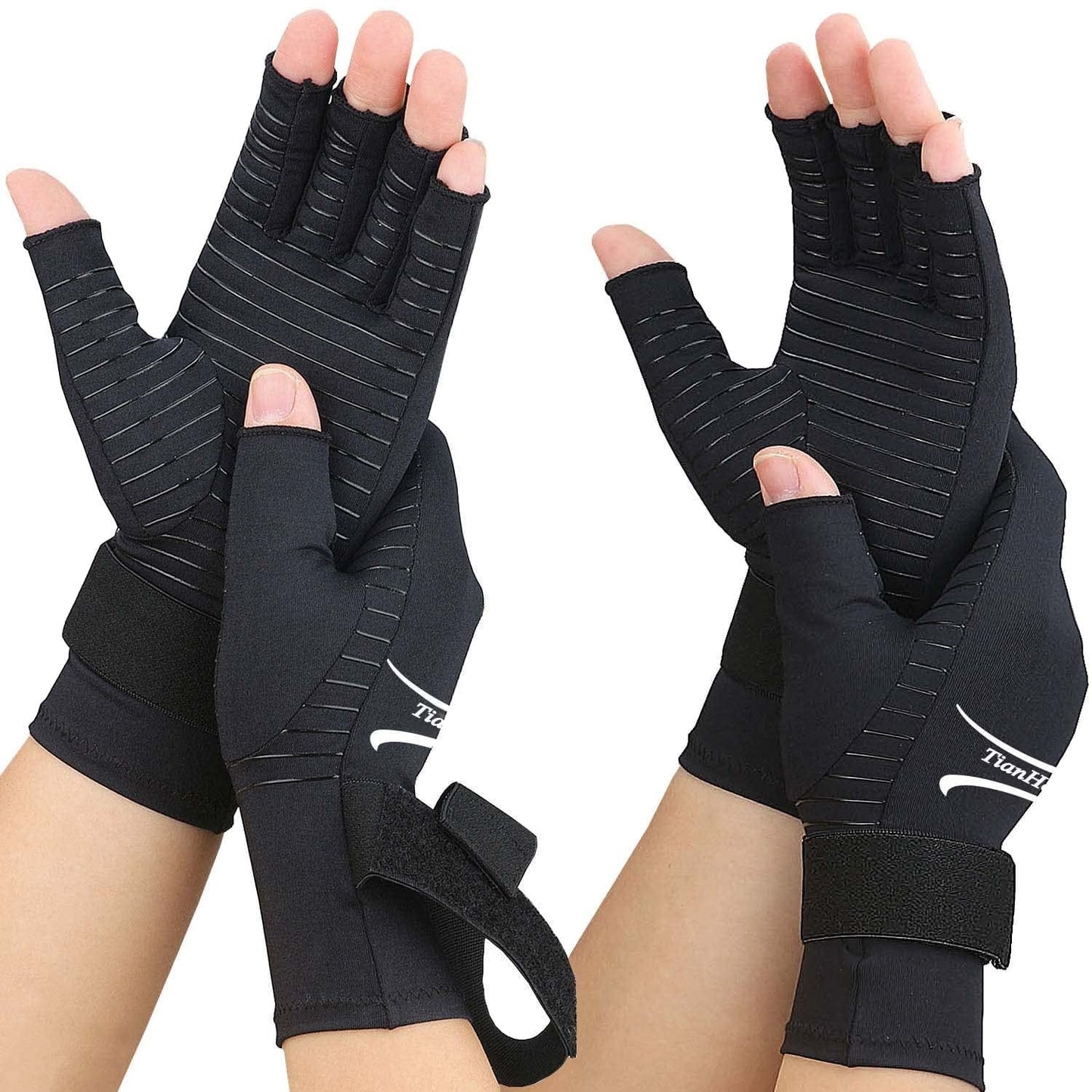 2 Pairs Copper Arthritis Gloves for Women Men, Fingerless Compression Gloves with Adjustable Wrist Strap, Typing Gloves for Arthritis, Carpal Tunnel, Tendonitis, RSI, Relieve Hand Pain (Small/Medium)