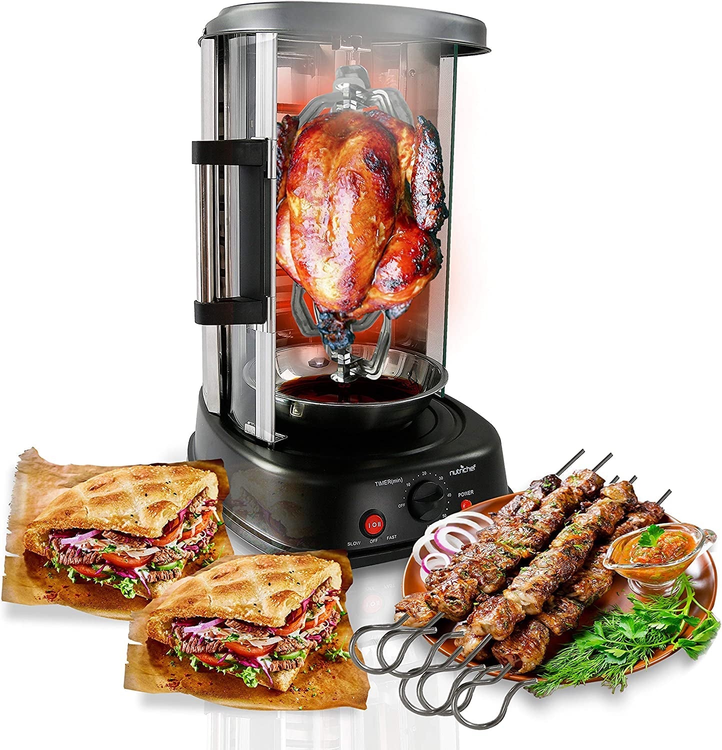 Nutrichef Countertop Vertical Rotating Oven - Rotisserie Shawarma Machine, Kebob Machine, Stain Resistant & Energy Efficient W/ Heat Resistant Door, Includes Kebob Rack with 7 Skewers (PKRTVG34)