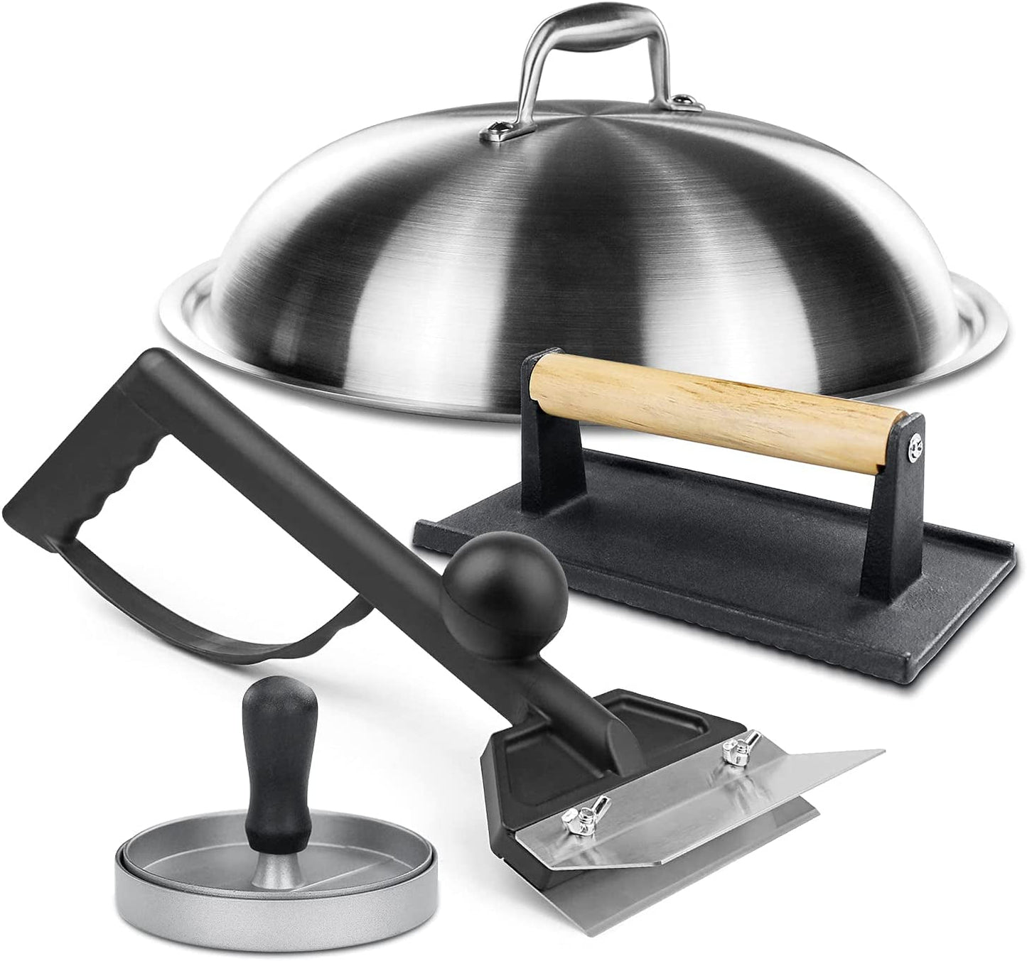 Hisencn Griddle Accessories Kit 13 Inch Basting Cover 304 Stainless Steel Melting Dome Lid, Cast Iron Bacon Press with Non-Stick Hamburger Patty Maker Mold - Perfect for Flat Top Griddle Grill Cooking
