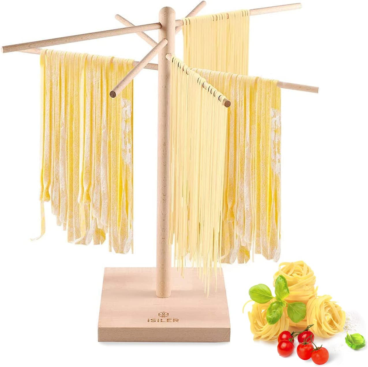 Isiler Natural Beech Wood Pasta Drying Rack, Pasta and Spaghetti Dryer Stand with 4 Branched, Detachable Arms for up to 4 Pounds of Pasta Dough