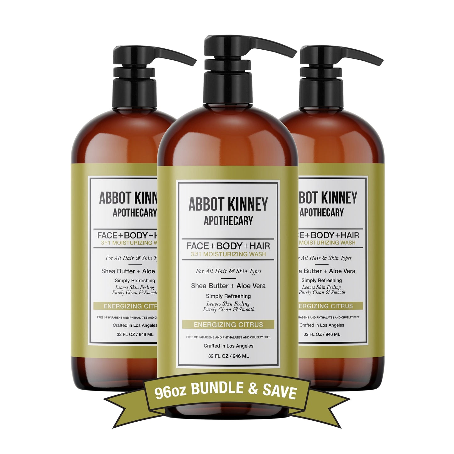 3 PACK - Men's 3-in-1 Moisturizing Shampoo, Conditioner, and Body Wash - Energizing Citrus 32oz by Abbot Kinney Apothecary by Los Angeles Brands