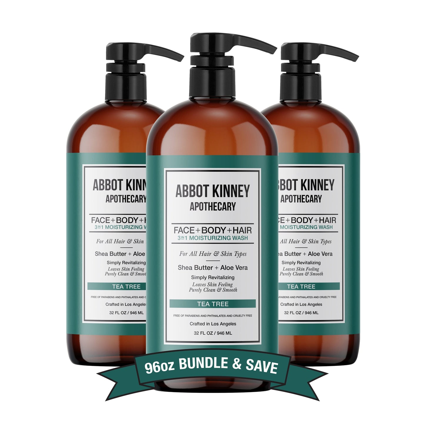 3 PACK - Men's 3-in-1 Moisturizing Shampoo, Conditioner, and Body Wash, Tea Tree 32oz by Abbot Kinney Apothecary by Los Angeles Brands