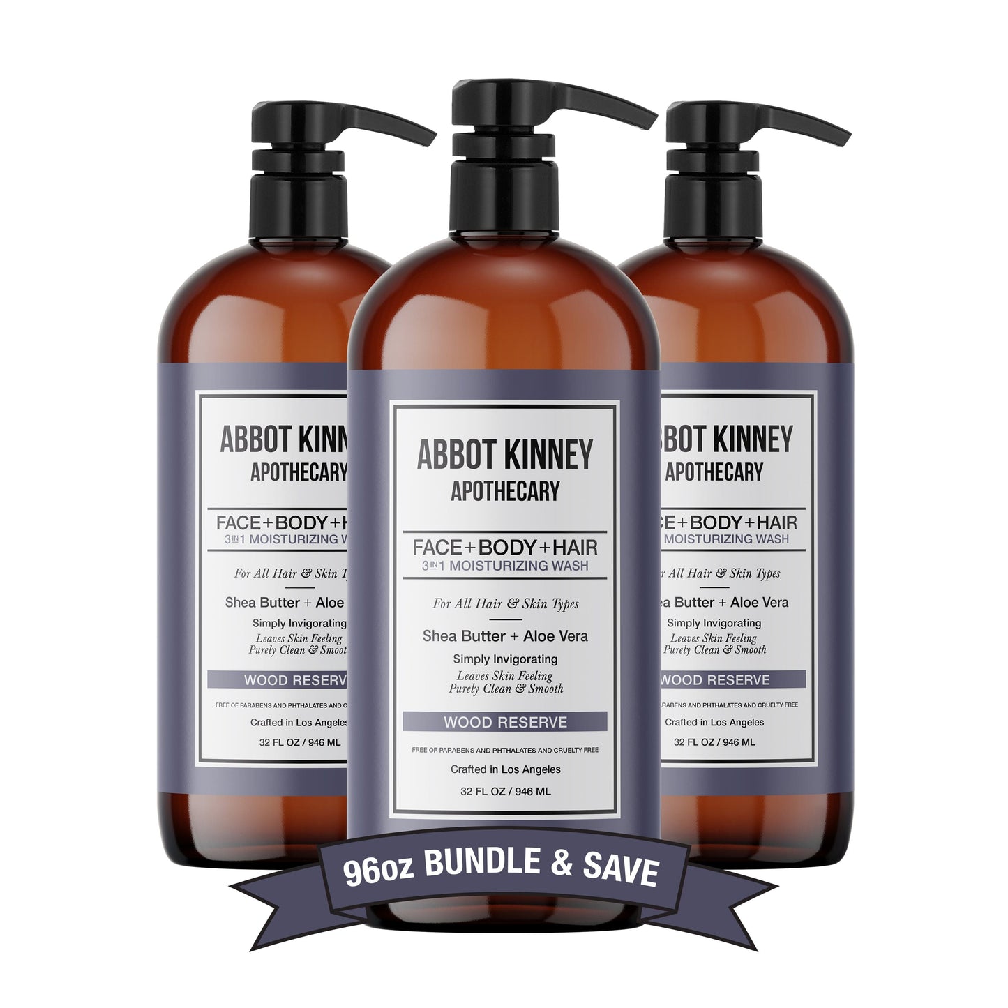 3 PACK - Men's 3-in-1 Moisturizing Shampoo, Conditioner, and Body Wash - Wood Reserve 32oz by Abbot Kinney Apothecary by Los Angeles Brands