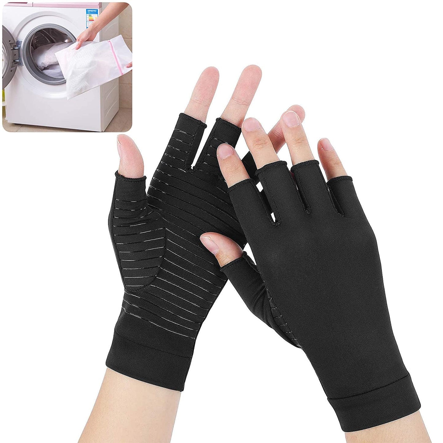 Cooper Compression Arthritis Gloves Fingerless Hand Wrist Support Rheumatoid Therapy Joint Pain Relief for Men & Women - Black (Medium) 1 Pair with Laundry Bag