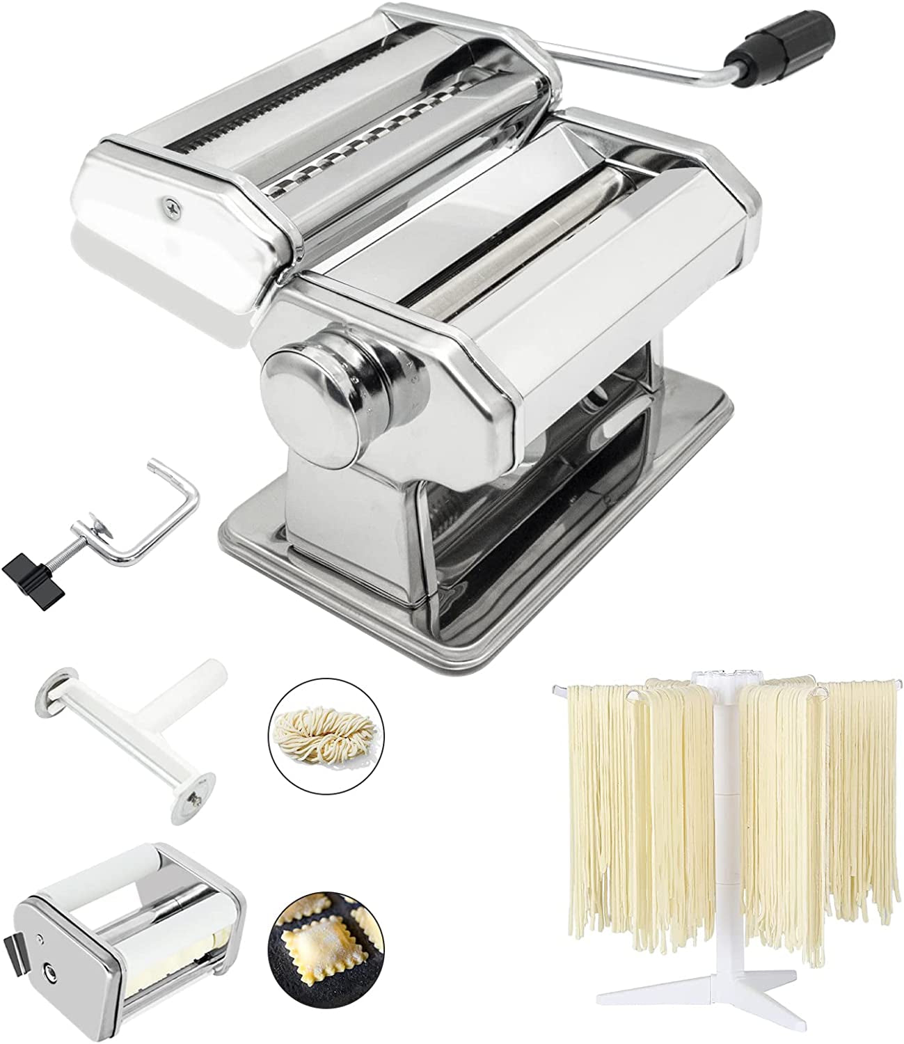 MZTOGR Pasta Maker Machine , Set of 6 Piece 150Mm Steel Noodle Maker Machine with 9 Adjustable Thickness Settings, Includes Ravioli Maker Attachment, Pasta Drying Rack