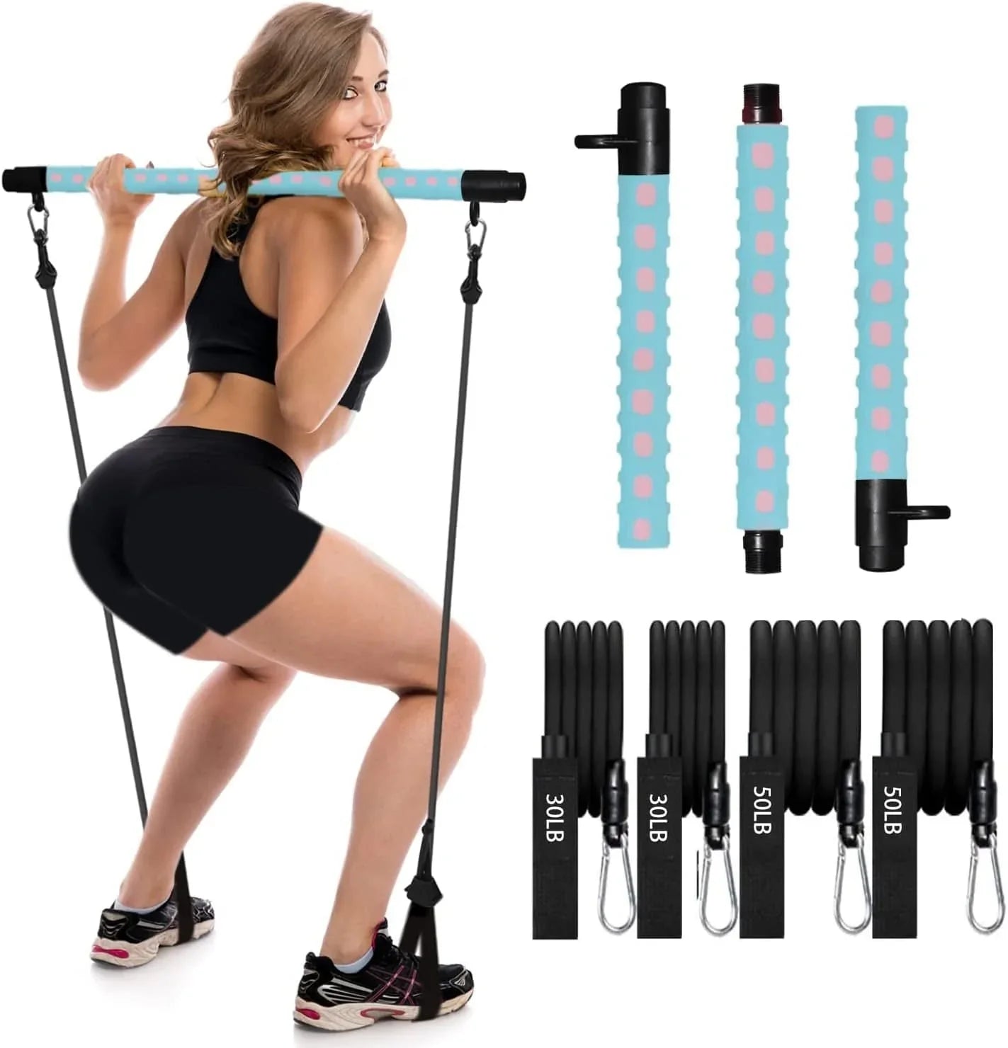Adjustable Pilates Bar Kit with 4 Resistance Bands, Portable Pilates Bar Stick for Home Workout, Adjustable Pilate Bar for Gym Fitness