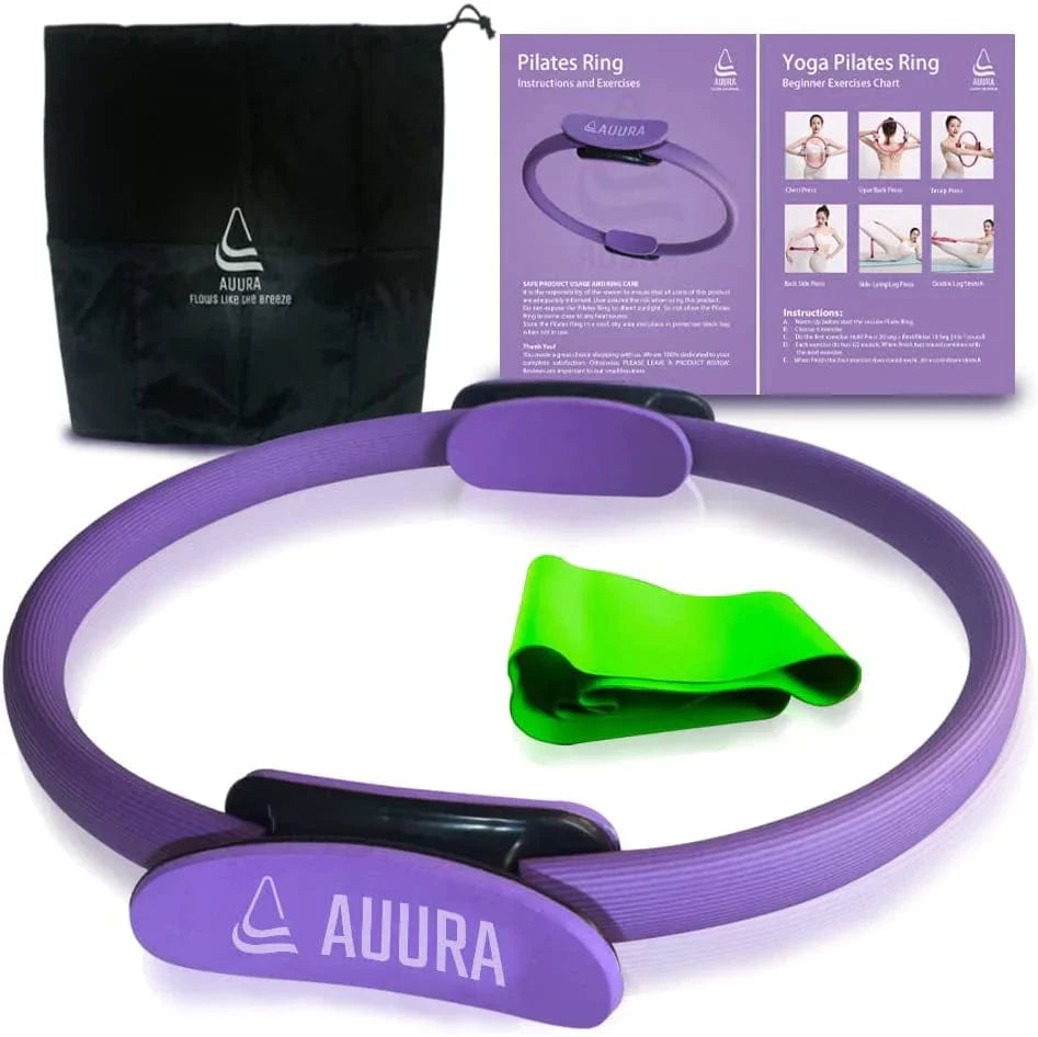 AUURA Pilates Ring for Women Set Fitness Equipment at Home - Yoga Magic Circle Kegel Exercise Include Resistance Bands and Carry Bag - Workout Sculpting and Toning Inner Thighs, Abs, Legs