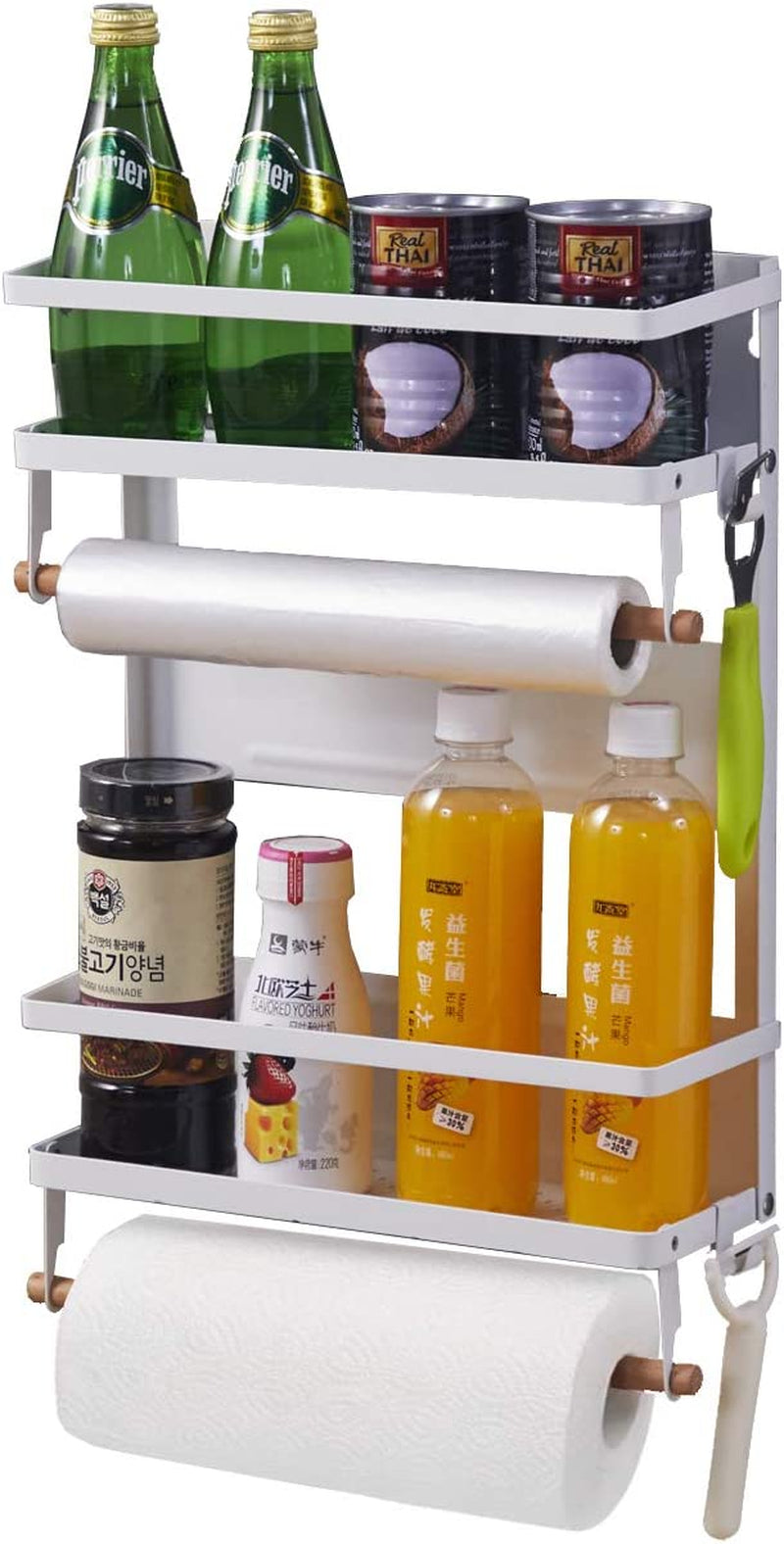 Fridge Spice Rack,Magnetic Storage Shelf with Paper Towel Holder Kitchen Refrigerator Organizer Rack(White)