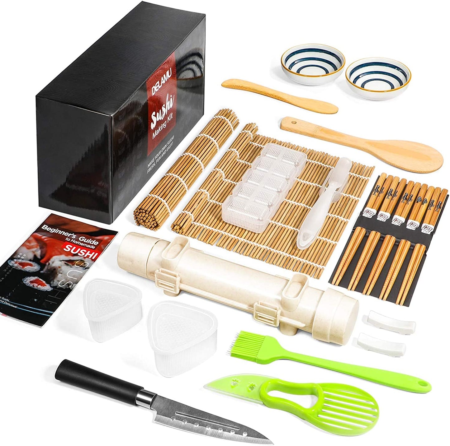Delamu Sushi Making Kit, 23 in 1 Sushi Maker Bazooker Roller Kit with Bamboo Mats, Chef'S Knife, Triangle/Nigiri/Gunkan Sushi Rice Mold, Chopsticks, Sauce Dishes, Rice Spreader, User Guide