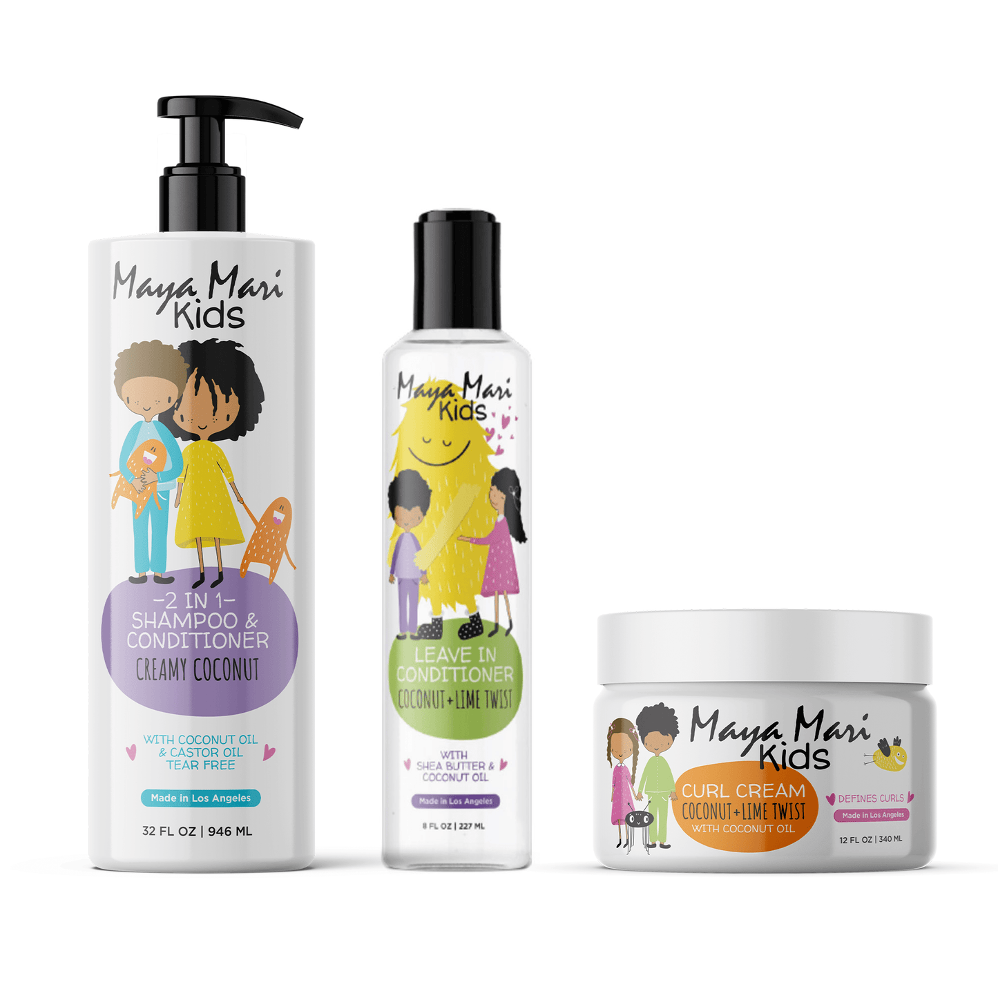 Maya Mari Kids - Curly Hair Kids Must Have 3-Piece Set - Kids 2-in-1 Shampoo and Conditioner, Curl Cream, and Leave-In Conditioner by Los Angeles Brands