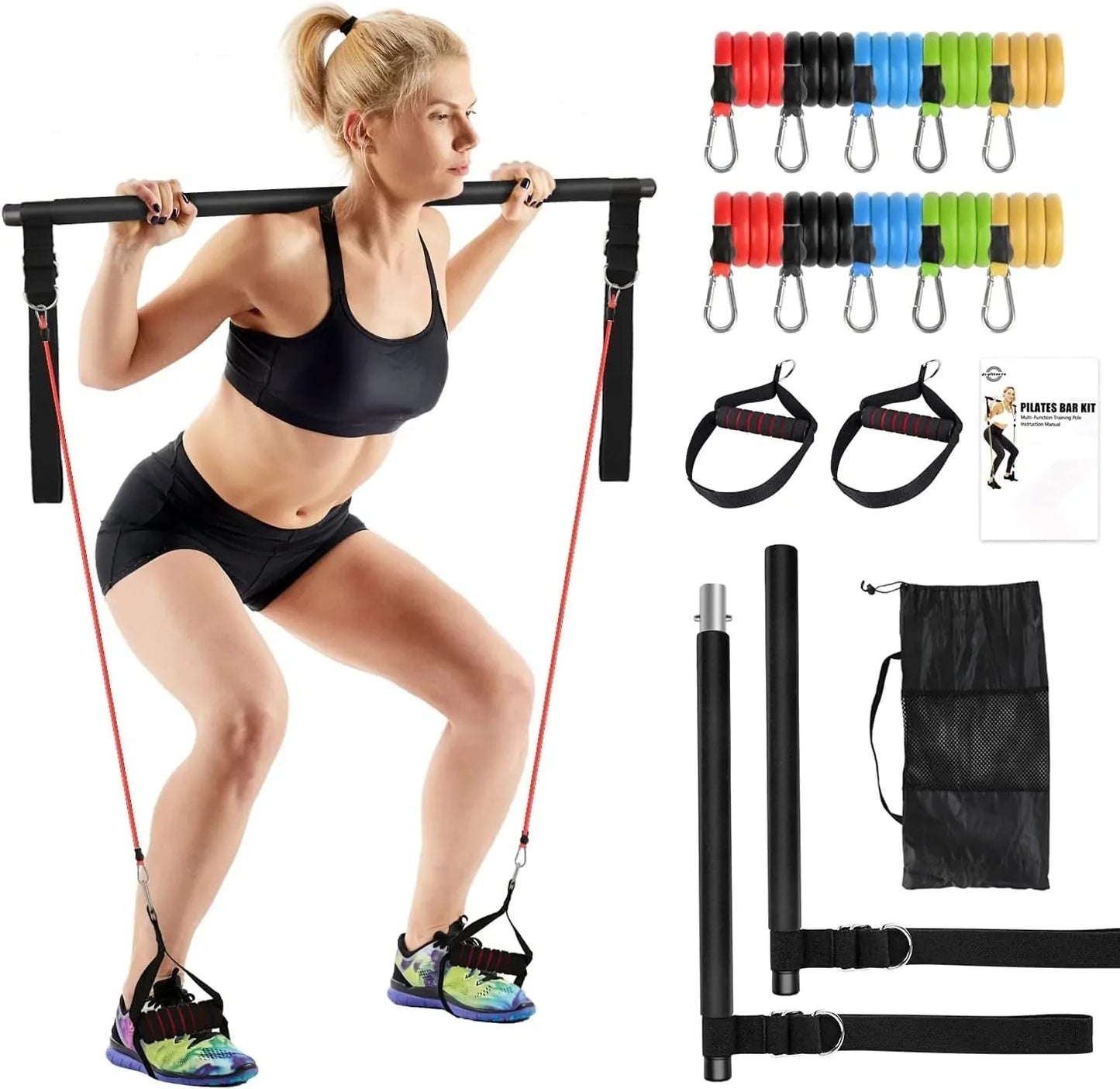 Drafitorts Pilates Bar Kit with Resistance Bands(10, 15, 20, 25, 30 LB), Adjustable 2 Section Portable Yoga Pilates Flexbands Kit for Full-Body Home Gym Workout with 2 Foot Straps and Bag
