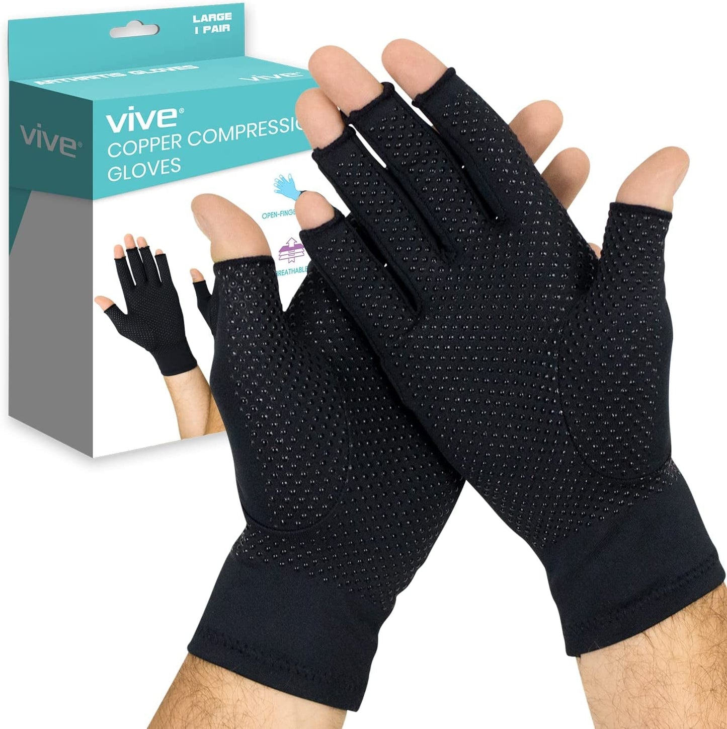 Vive Fingerless Arthritis Gloves for Men & Women Made W/ Copper Infused Fabric - Therapeutic Compression for Swelling, Carpal Tunnel, Tendonitis, Edema, & Finger Pain - Comfortable Non-Slip (Medium)