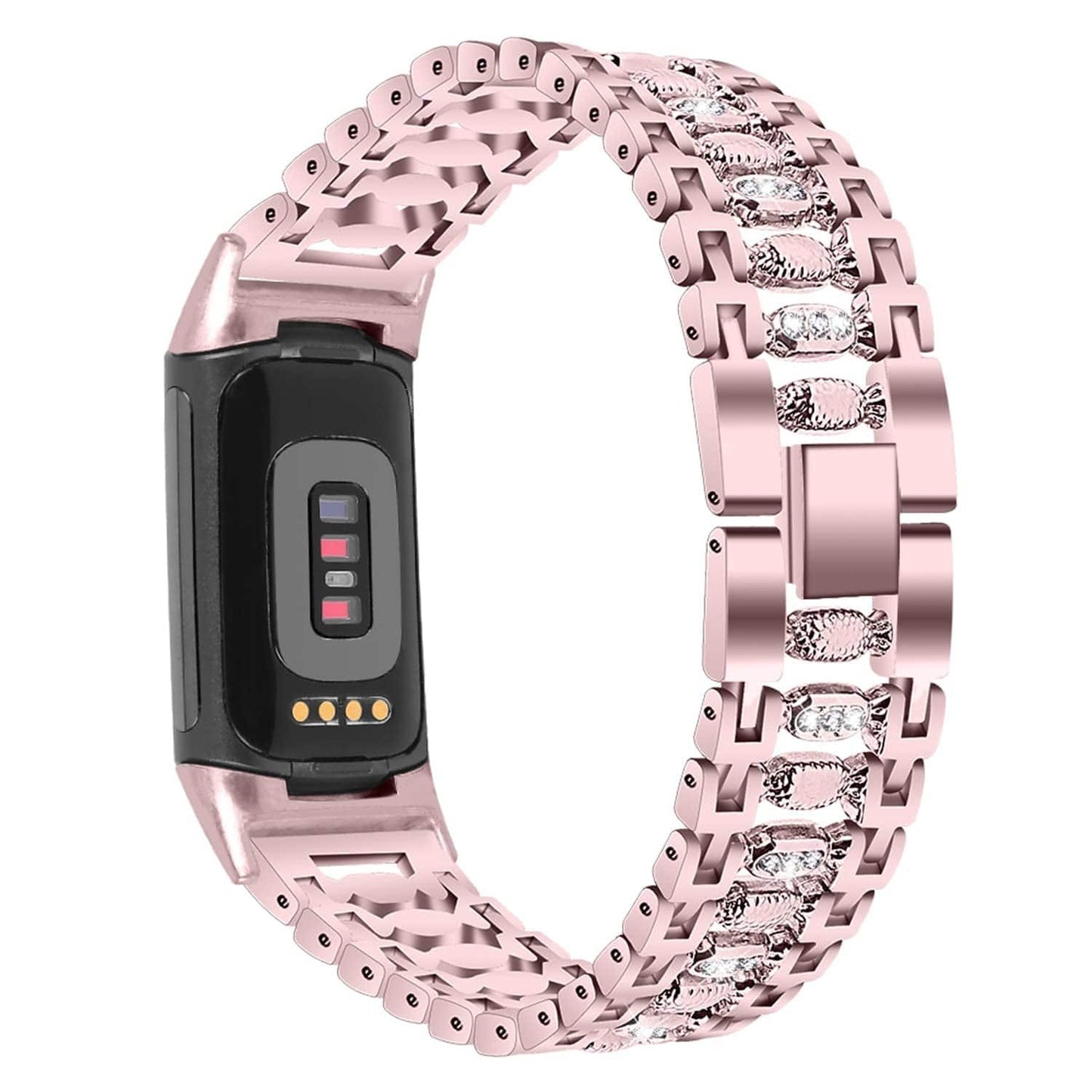Eieuuk Metal Band Compatible with Fitbit Charge 5 Accessory Jewelry Bling Diamond Rhinestone Stainless Steel Candy Style Replacement Wristband Strap Bracelet, Rose Pink (Ocharge5Wbgdtg1414)