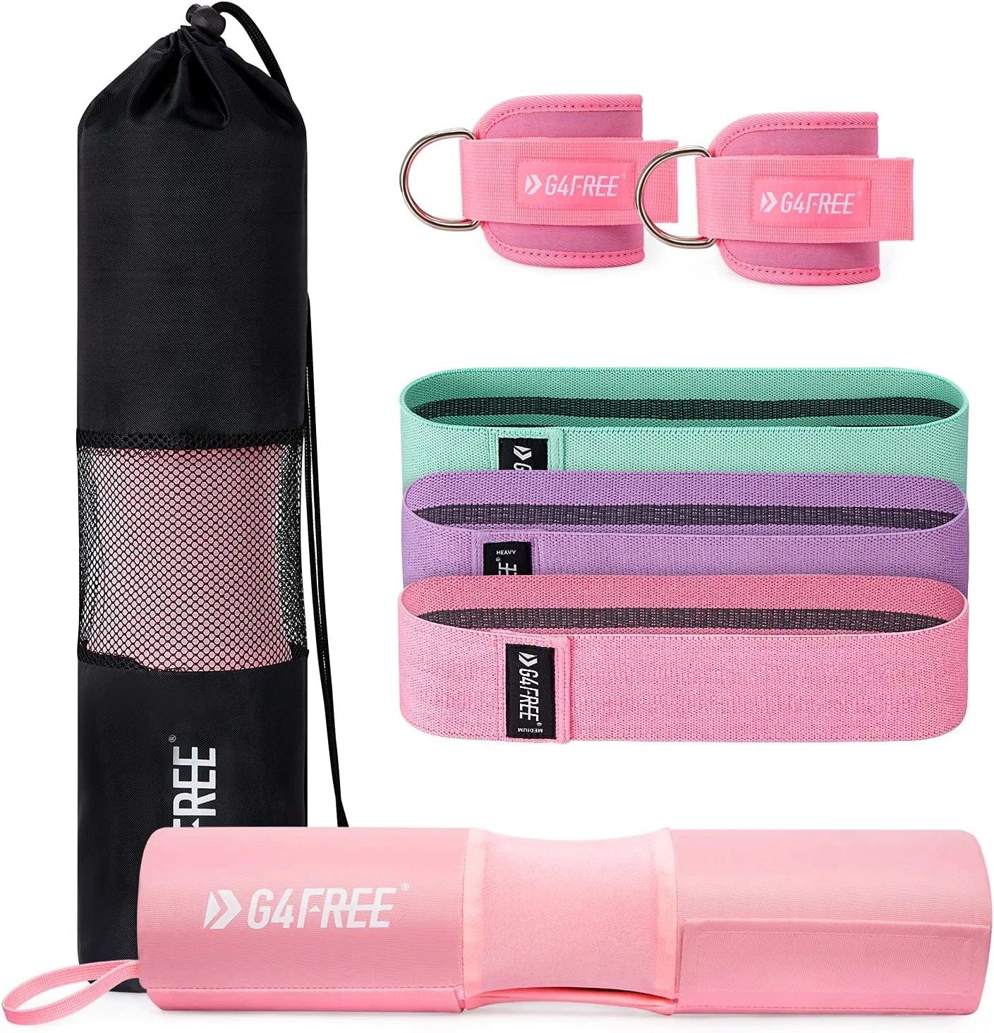 G4Free 7Pcs Barbell Pad Set for Squat, Hip Thrusts, Lunges, Leg Day, Standard Olympic Bars with 2 Gym Ankle Safety Straps, 3 Hip Resistance Bands ,Barbell Pad and Carry Bag