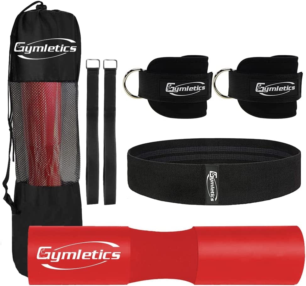 Gymletics 7 Pack Barbell Squat Pad for Standard Set, Barbell Pad for Hip Thrusts, 2 Gym Ankle Straps, Hip Exercise Band, 2 Squat Pad Safety Straps and Carry Bag …