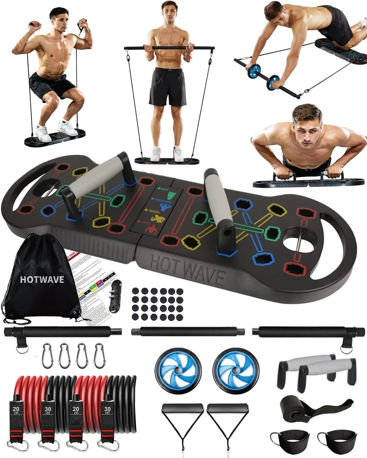 HOTWAVE Portable Exercise Equipment with 16 Gym Accessories.20 in 1 Push up Board Fitness,Resistance Bands with Ab Roller Wheel,Pilates Bar. Strength Training for Man,Full Body Workout Machine at Home