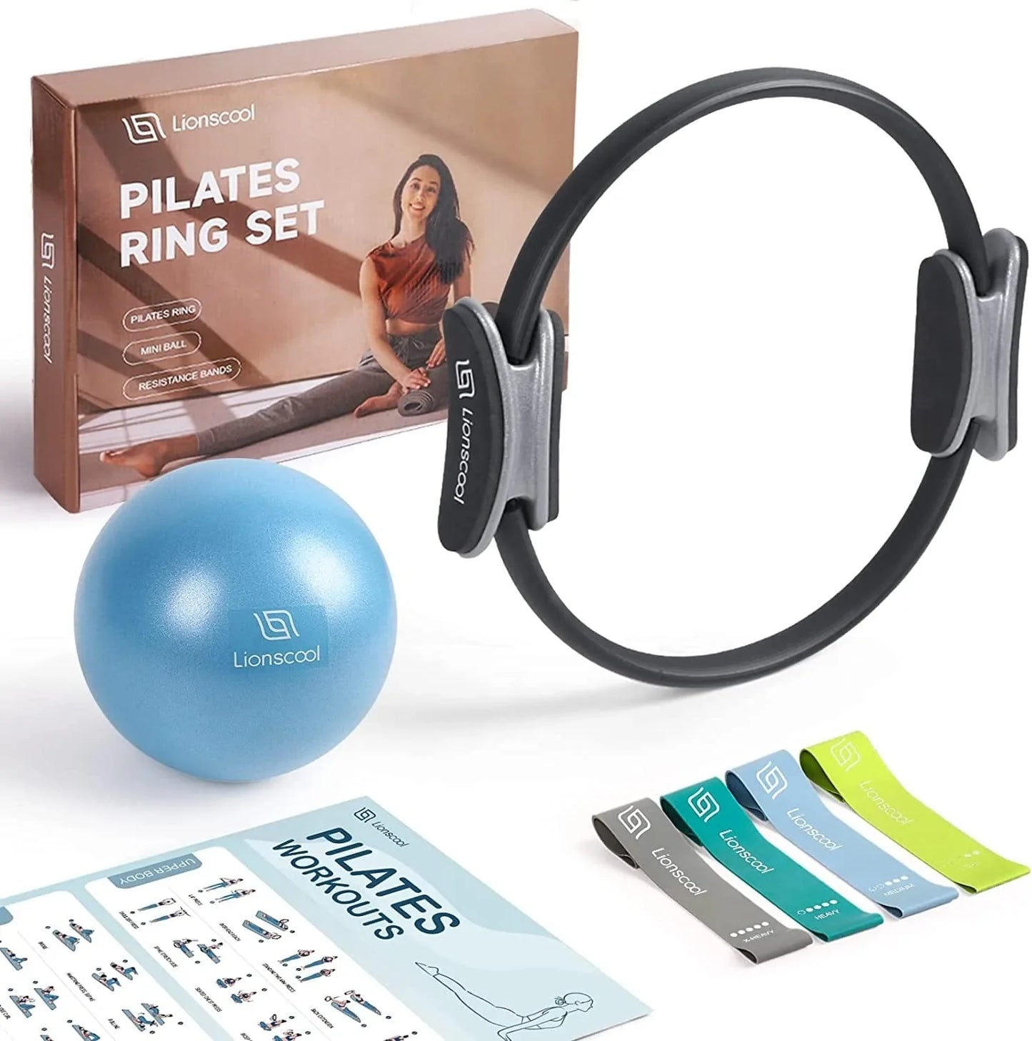 LIONSCOOL PILATES RING SET - Premium Anti-Deformation 14”Magic Circle with Dual Padded Handles - Includes Burst Resistant Pilates Mini Ball & Highly Elastic Resistance Bands - Free Workout Guide & Bag