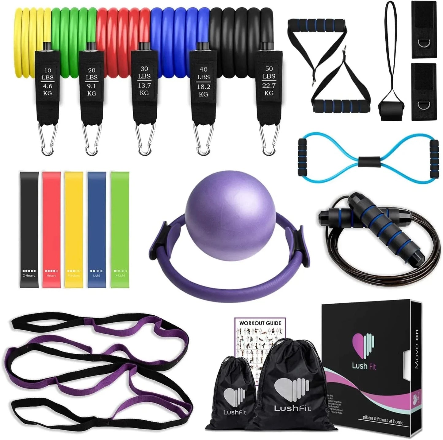 LUSHFIT Pilates Yoga Fitness Set - Pilates Ring - Pilates Ball - Yoga Stretching Strap - Resistance Bands Set - Exercise Bands Set - 8-Shaped Stretch Band - Jump Rope - Workout Guide Home Kit (25 Pcs)