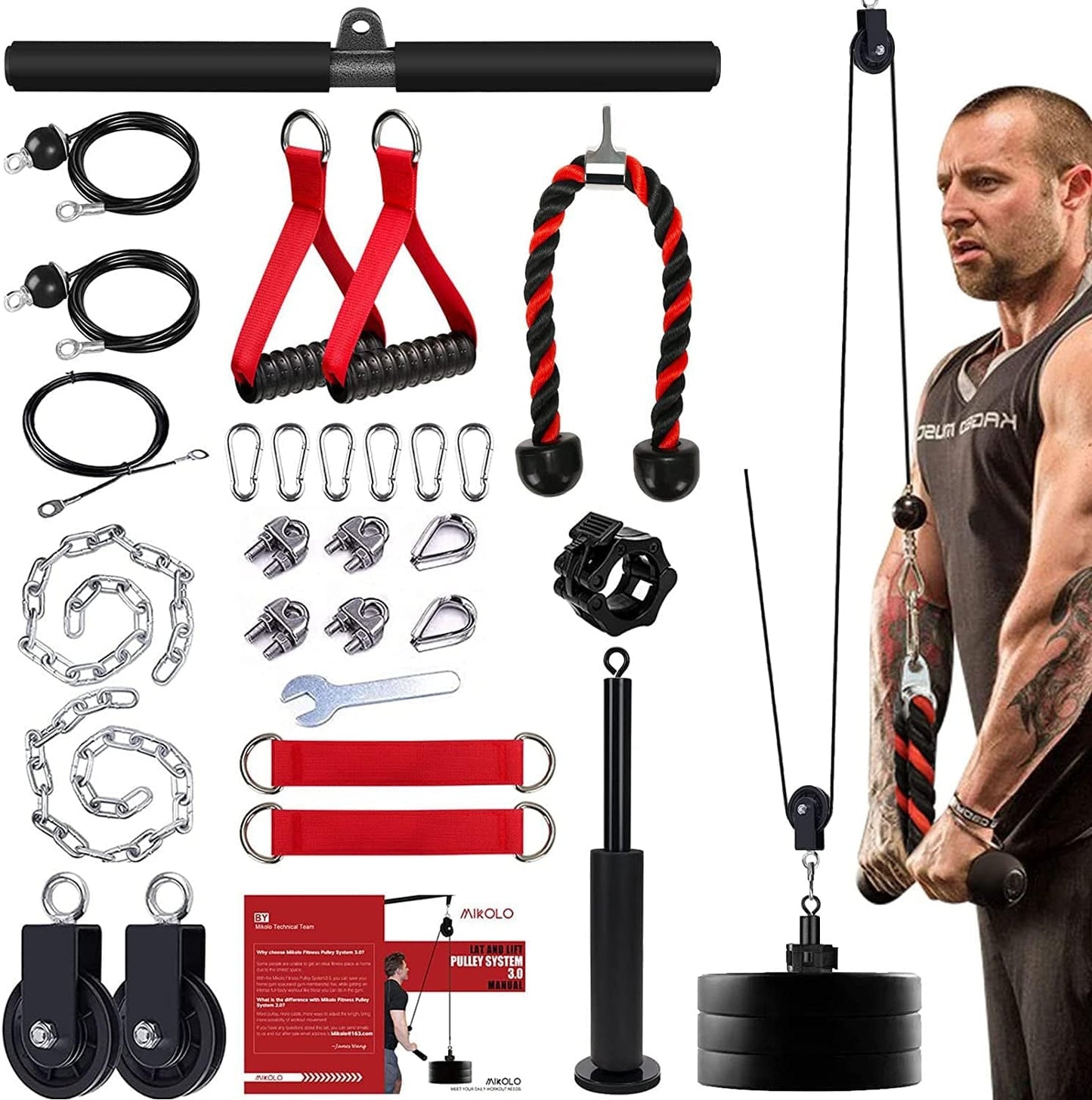 Mikolo LAT and Lift Pulley System, Upgraded Weight Cable Pulley System with Adjustable Length Cable for Biceps Curl, Triceps Pull Down,Back, Forearm, Shoulder,Fitness Home Gym Equipment