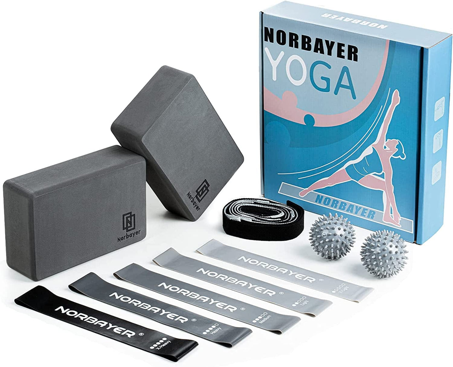 Norbayer Complete 10Piece Yoga Kit Includes 2 Pack EVA Foam Yoga Blocks 9×6×3 Inches,5 Piece No-Slip Loop Bands Resistance Belt,2 Spiky Massage Balls and Multi - Loop Strap
