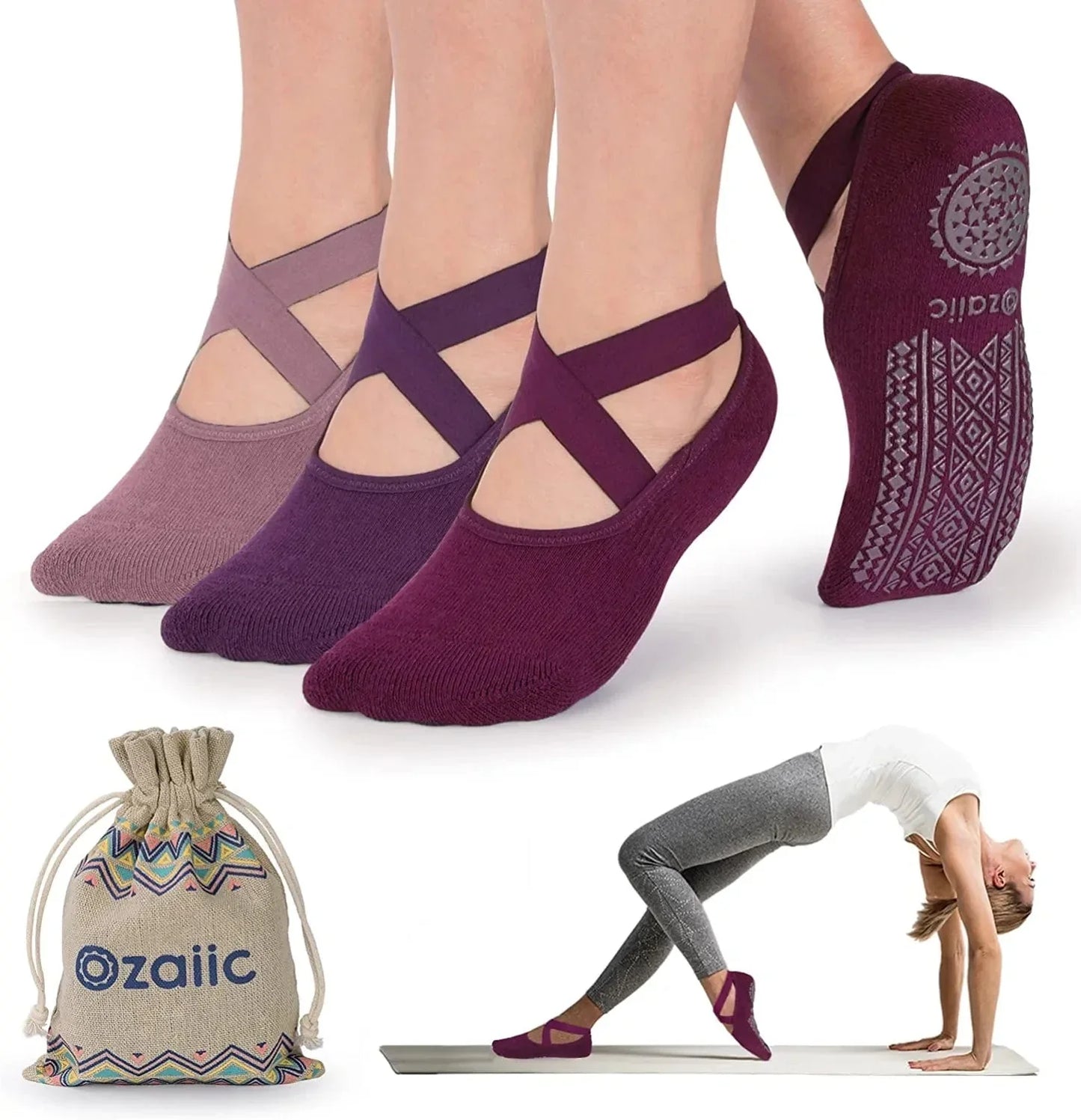 Ozaiic Yoga Socks for Women Non-Slip Grips & Straps, Ideal for Pilates, Pure Barre, Ballet, Dance, Barefoot Workout