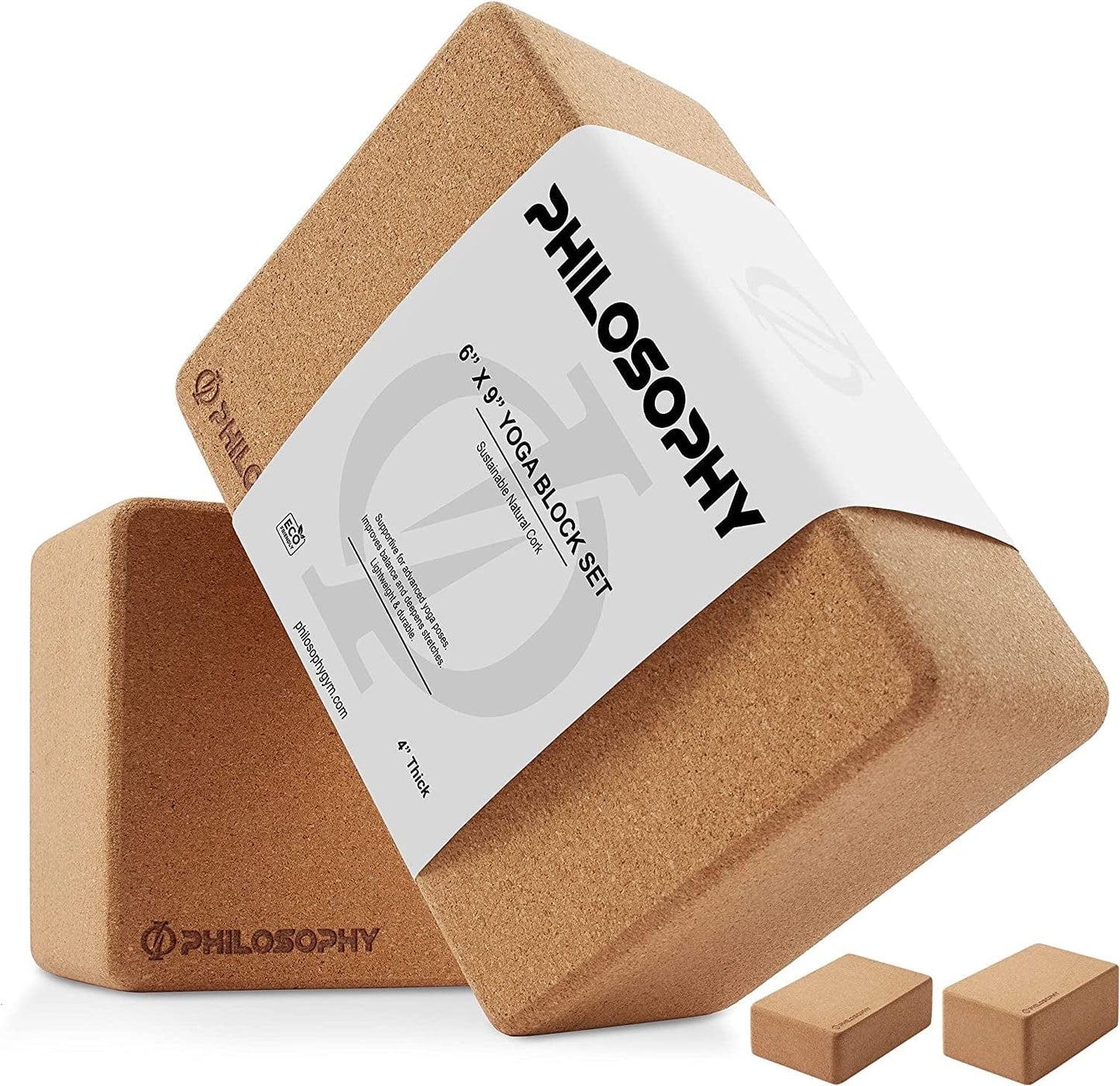 Philosophy Gym 2 Piece Yoga Block Set - Solid Cork Bricks - 9 X 6-Inch