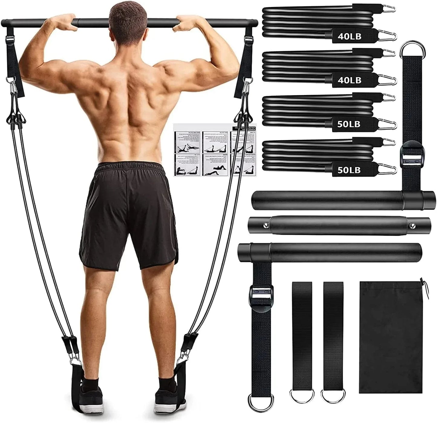 Pilates Bar Kit with Resistance Bands(4 X Resistance Bands),3-Section Pilates Bar with Stackable Bands Workout Equipment for Legs,Hip,Waist and Arm