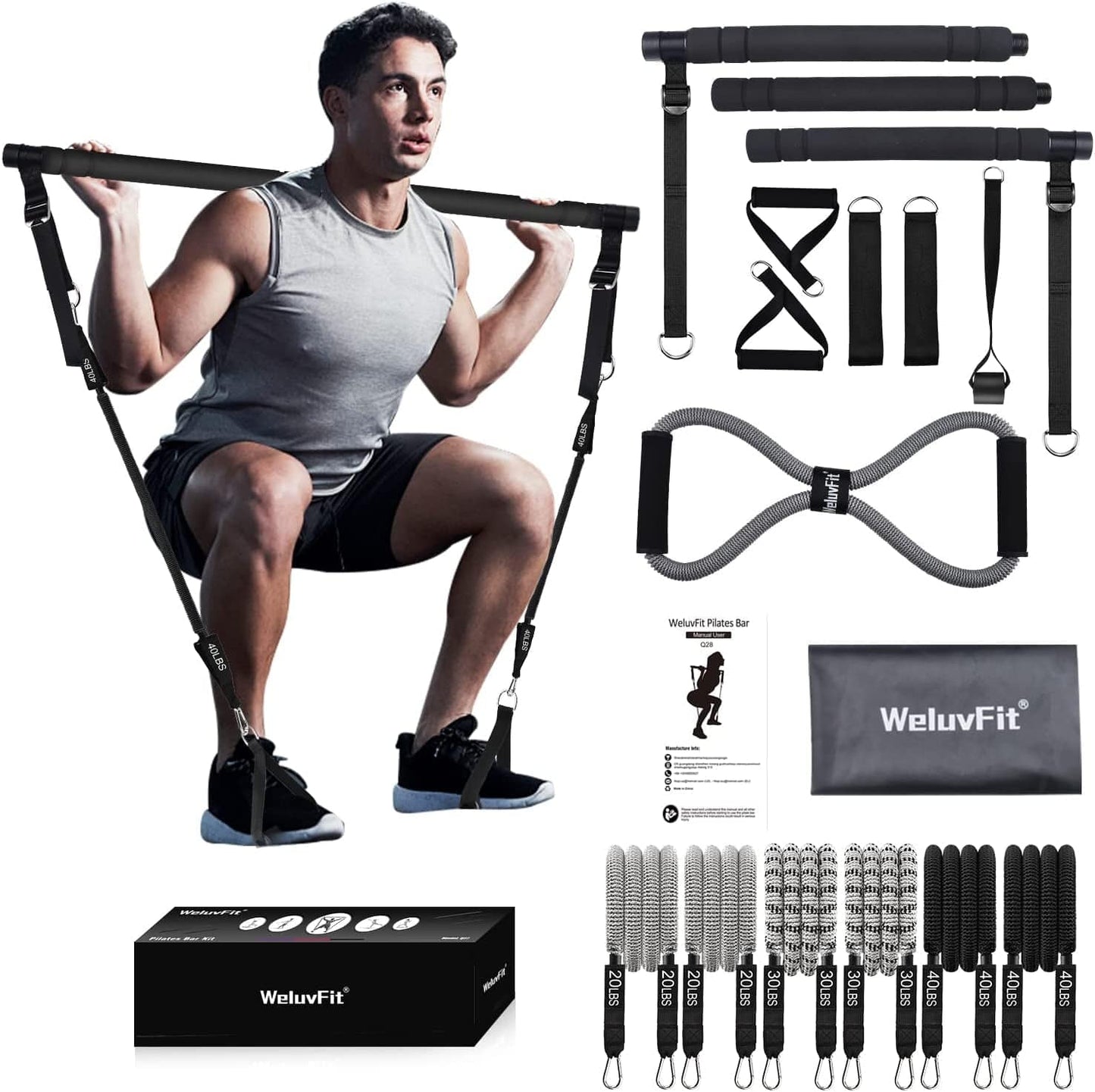 Pilates Bar Kit with Resistance Bands, Weluvfit Exercise Fitness Equipment for Women & Men, Home Gym Workouts Stainless Steel Stick Squat Yoga Pilates Flexbands Kit for Full Body Shaping