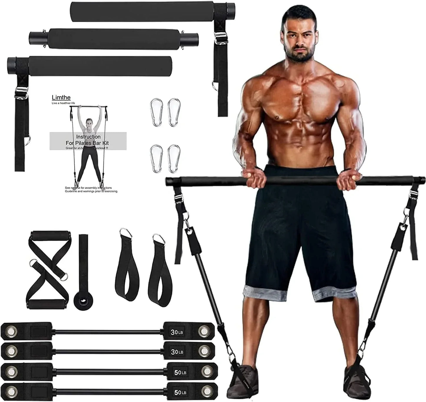 Pilates Bar with Resistance Bands(30&50Lbs),Adjustable Height,Protable at Home Workout Equipment for Women &Men Fitness,Exercise Band Bar,Comfortable Handles and Door Anchor for Resistance Bands Bar