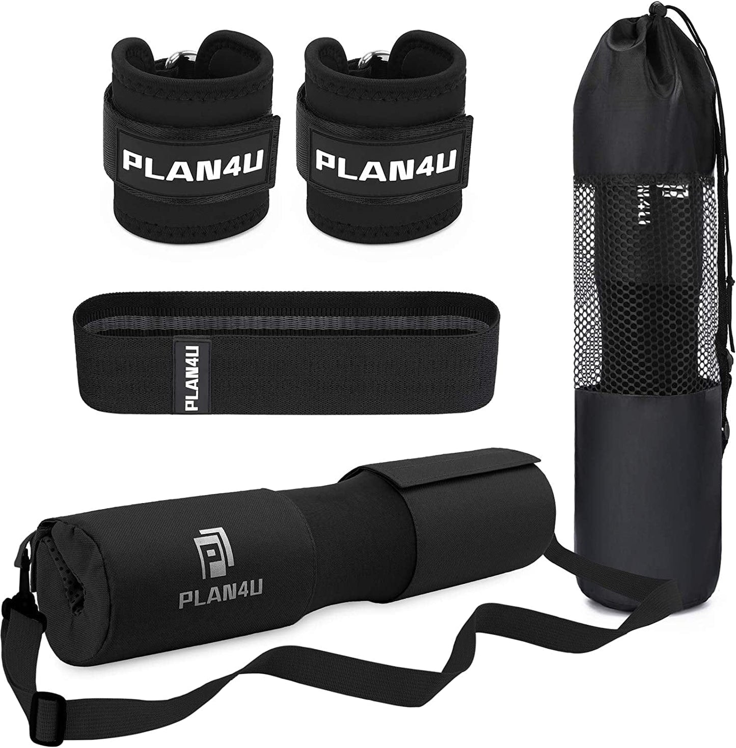 Plan4U Barbell Pad Set for Squat Hip Thrusts Upgraded Workout Foam Weight Lifting Bar Cushion Shoulder Neck Support with Anti-Slip Grain, Fits Standard Olympic Bars and Smith Machine, 2 Gym Ankle Straps, Hip Resistance Band, Carry Bag