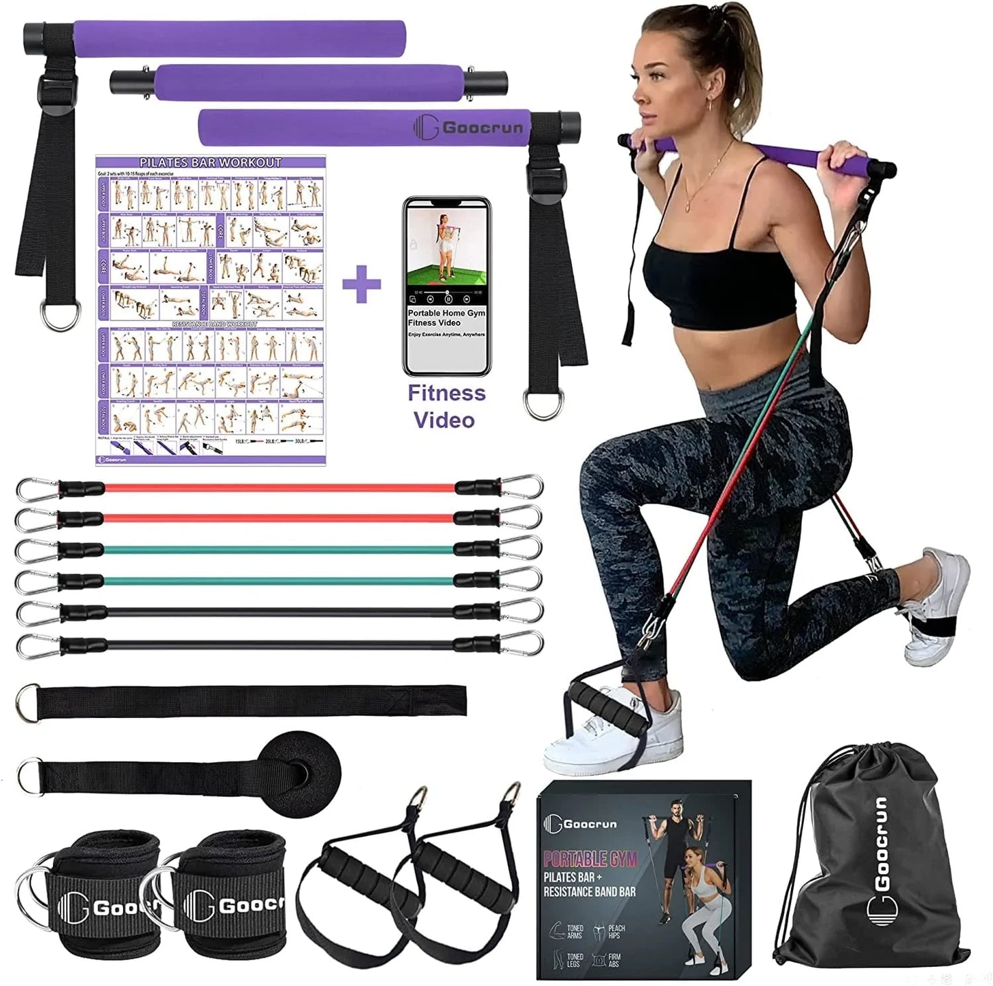 Portable Home Gym, Pilates Bar & Resistance Band Bar Combo Set. Multifunctional Fitness Equipment That Supports Full-Body Workouts - with Workout Video