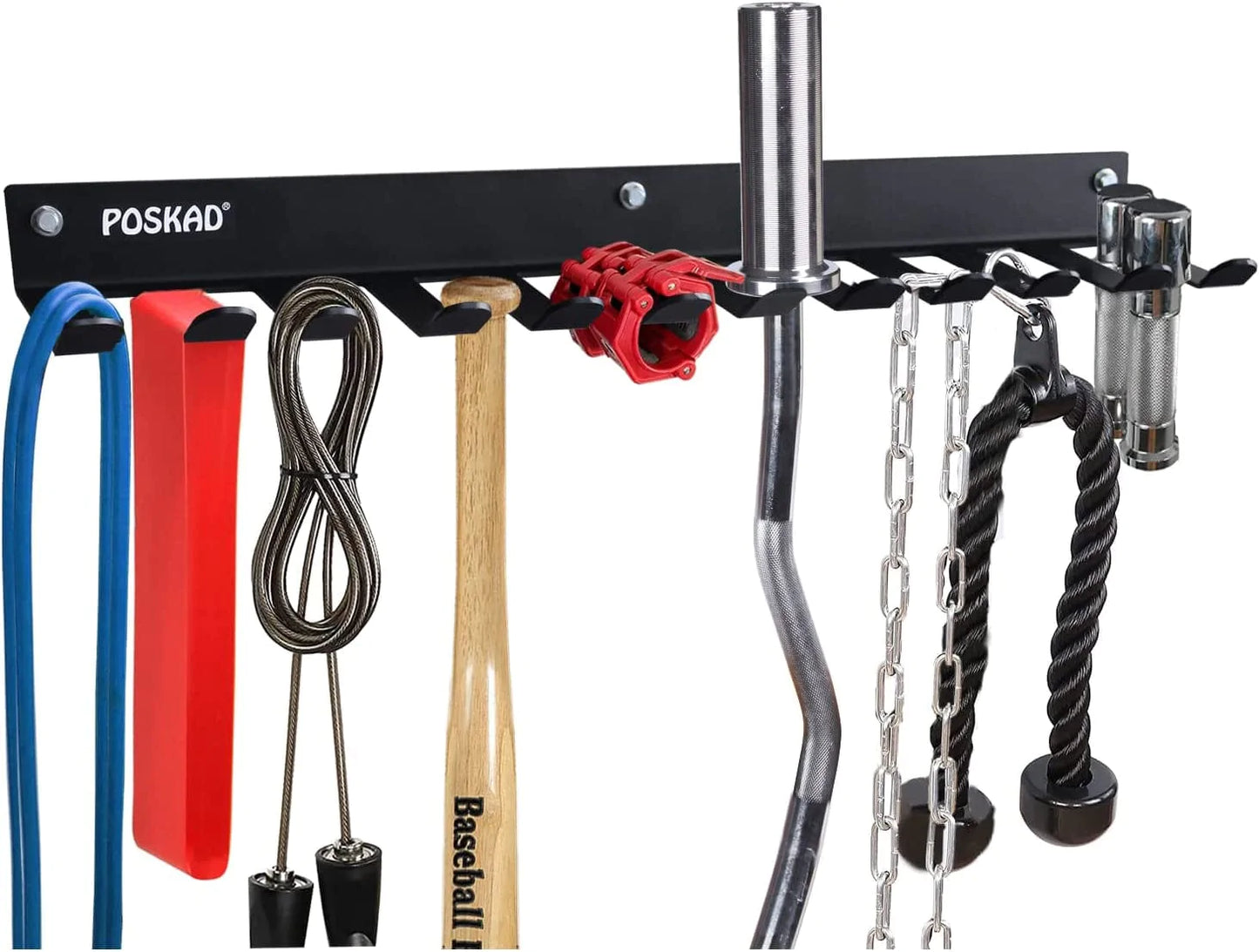 Poskad Multi-Purpose Gym Storage Rack,8 or 12 Hook Heavy-Duty Steel Gym Organizer Wall Mount Hanger for Home and Pro, Gym Accessory Storage Resistance Bands,Jump Ropes,Lifting Belt,Barbells.