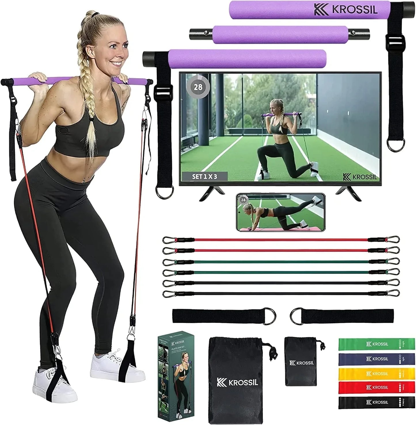 Premium 2-In-1 Pilates Bar Kit with 11 Resistance Bands for Women and Men- Portable Fitness Equipment- Workout Equipment for Home Workouts- Workout Bars for Exercise- Adjustable Resistance Band