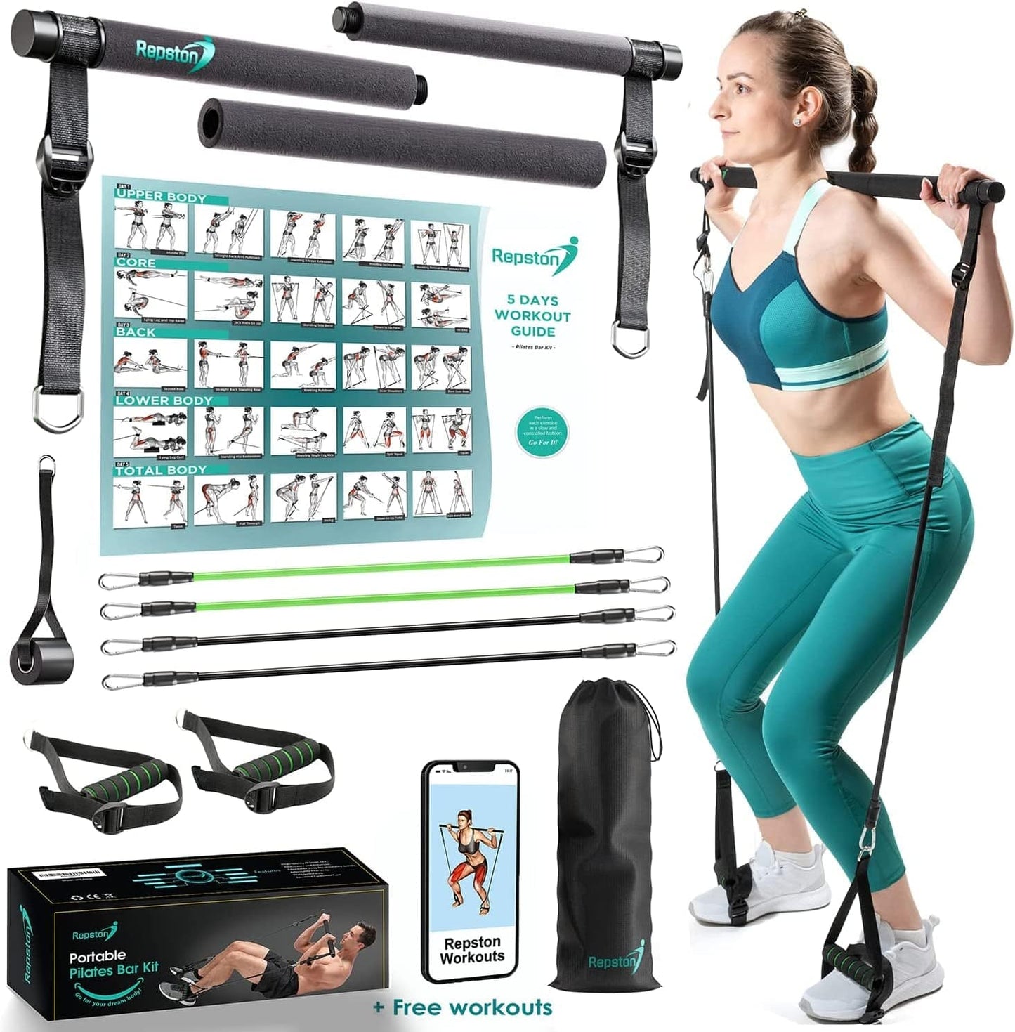 Premium Pilates Bar Kit with Resistance Bands or Home Gym Equipment - Workout Equipment for Women and Men - Full Body Workout Pilates Equipment