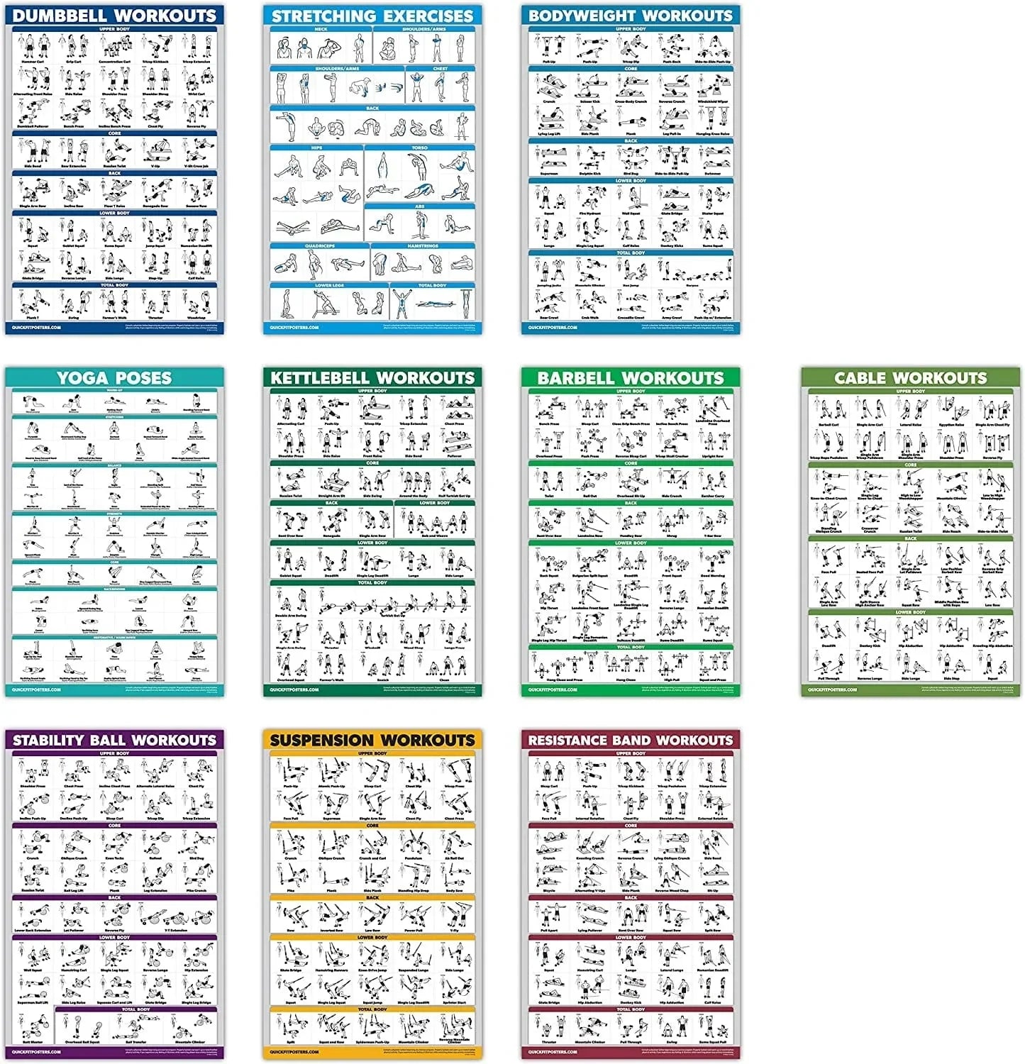 Quickfit 10 Pack - Exercise Workout Poster Set - Cable Machine, Dumbbell, Suspension, Kettlebell, Resistance Bands, Stretching, Bodyweight, Barbell, Yoga Poses, Exercise Ball