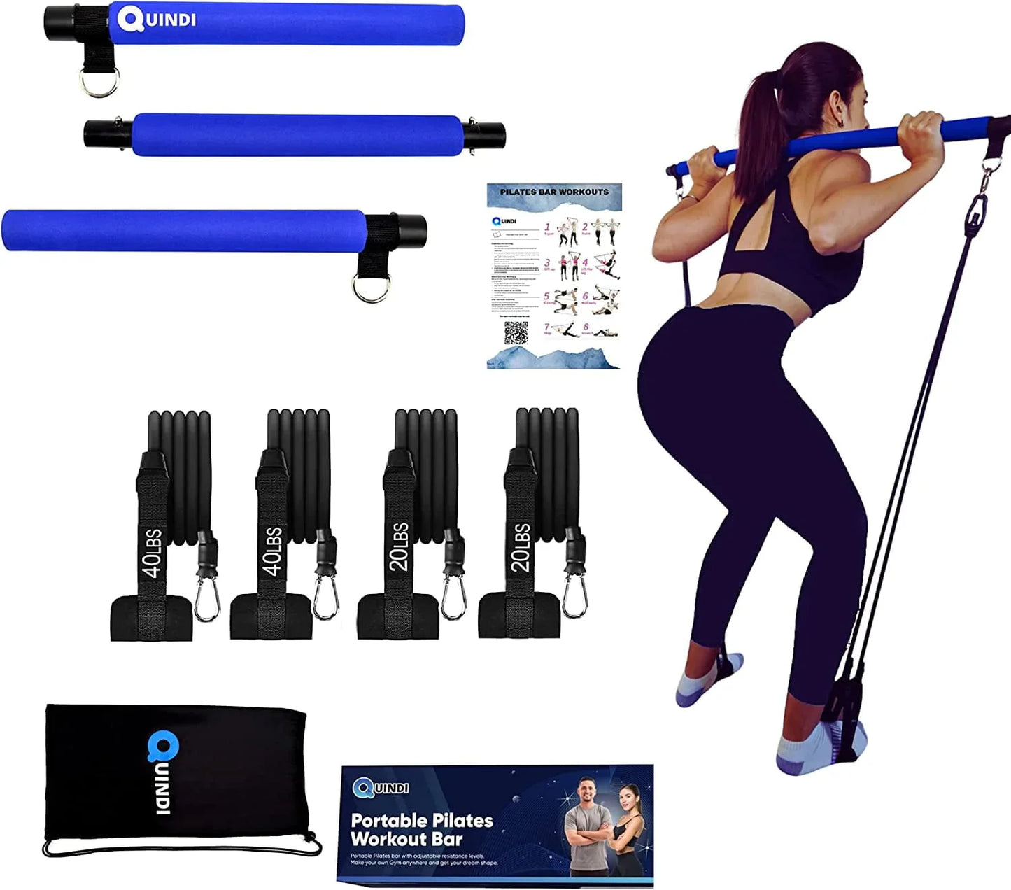 Quindi Pilates Bar Kit with Resistance Bands( 2 Sets of 20 Lb. & 40 Lb.). Portable, Easy and Quick to Assemble. Exercise from Home, Premium Fitness Workout Equipment for All Body Exercises .