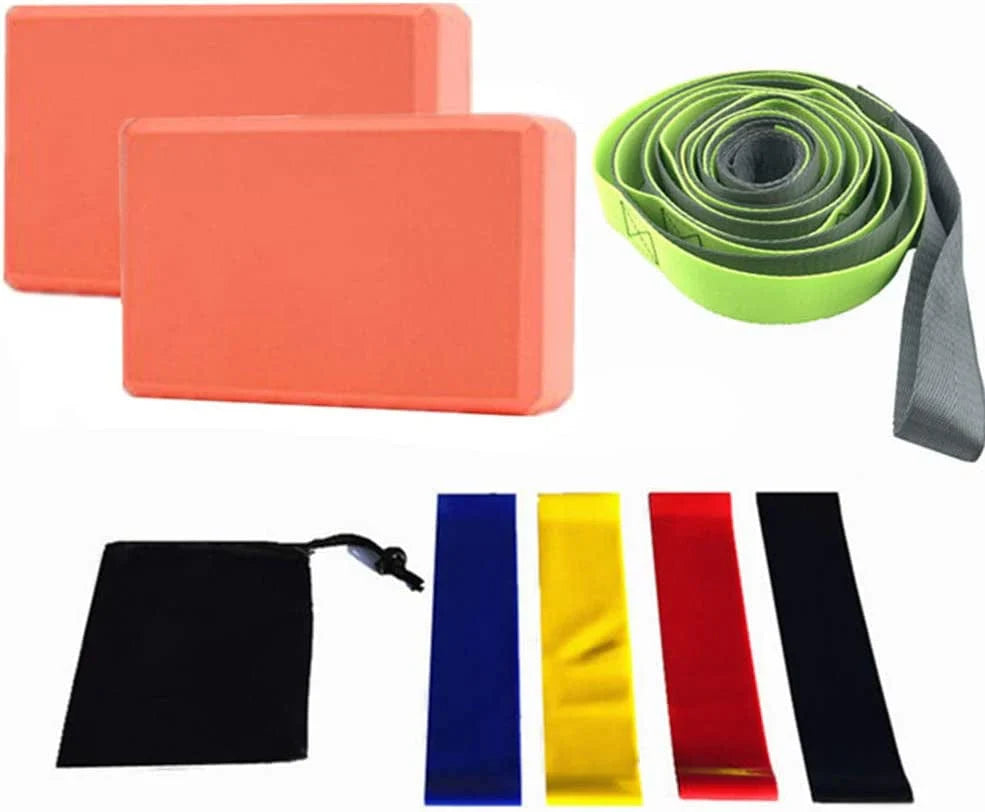 Salimdy 8-In-1 Yoga Set, 1 Yoga Strap, 2 EVA Foam Soft Non-Slip Yoga Blocks, 4 Resistance Bands with 1 Bags for Yoga, Pilates, Stretching and Toning Workouts