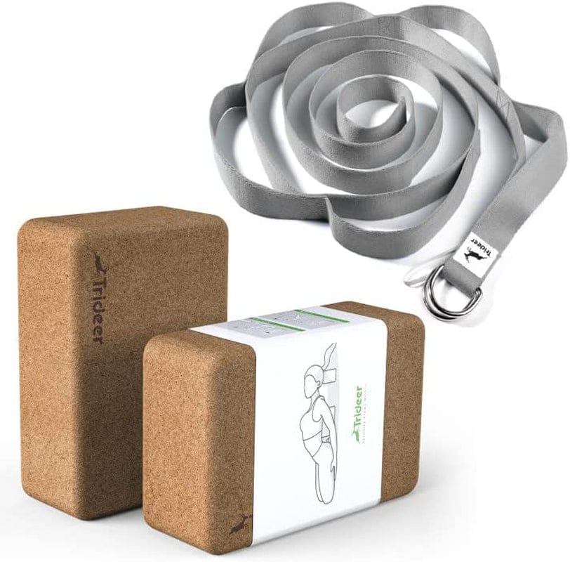 Trideer Cork Yoga Blocks, 2 Pack Natural Cork Block with Yoga Strap Stretching Strap,5-Loop with Extra D-Ring Yoga Bands for Physical Therapy
