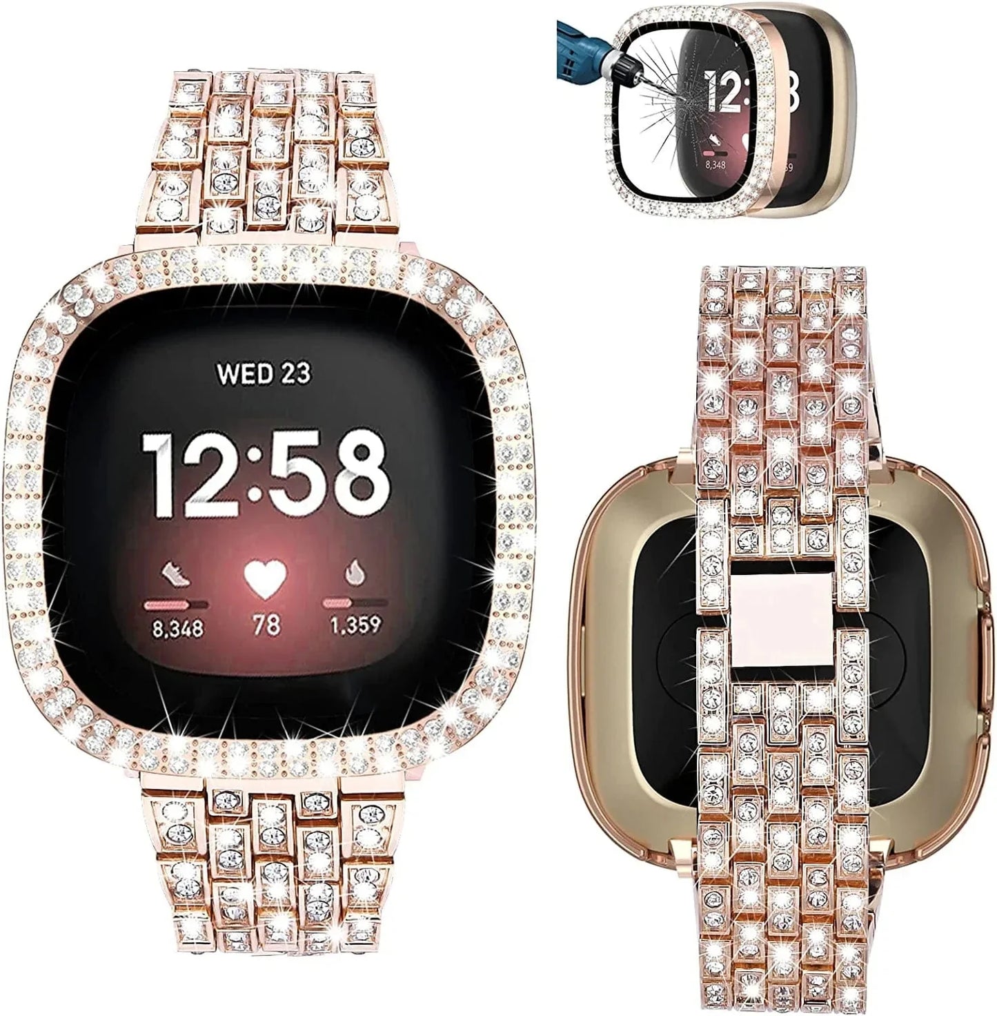 V-MORO Metal Band Compatible with Fitbit Versa 3/Sense Bands Woman Bling Jewelry Diamond Metal Strap Replacement with Full Cover Protective Cases Accessories for Fitbit Sense/Versa 3