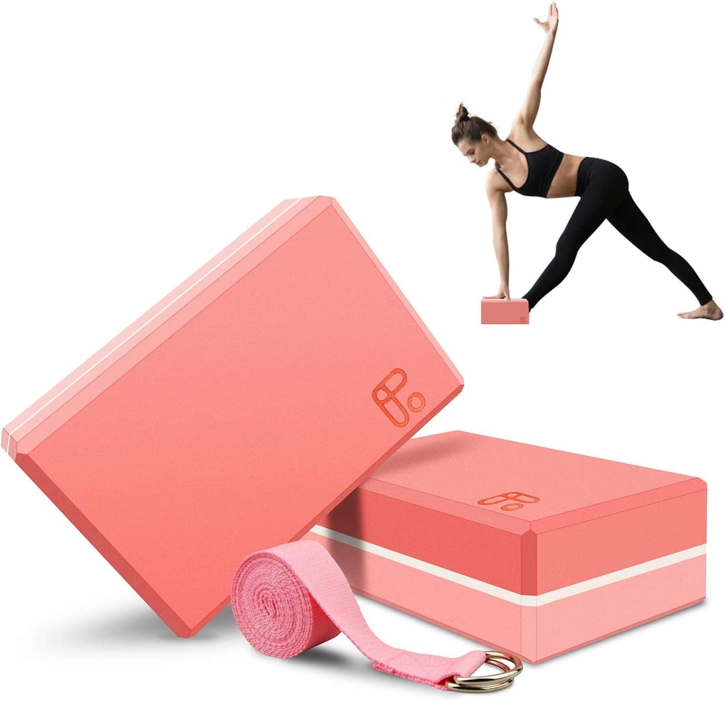 Yoga Blocks 2 Pack with Strap, EVA Foam Light Weight High Density Yoga Brick with Metal D-Ring Strap Yoga Set for Beginners and Supports All Poses Flexibility Posture, Gifts for Wife, Pink