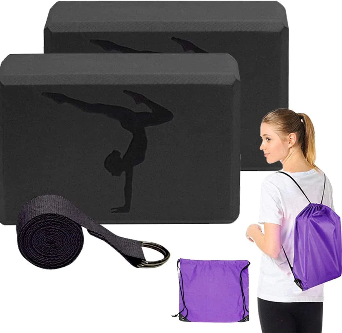 Yoga Blocks 2 Pack with Strap, Higher Density Eva Foam Blocks, Yoga Strap & Yoga Bag, Yoga Starter Kit for Women, Durable and Sturdy, Perfect for Yoga, Pilates, Daily Exercise or Physical Therapy.
