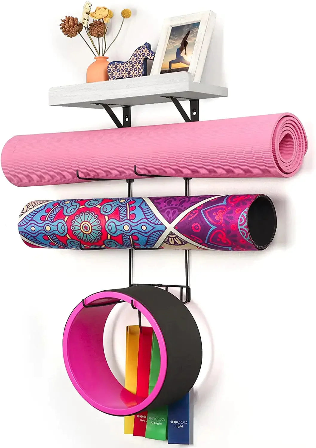Yoga Mat Holder Wall Mount Yoga Mat Storage Home Gym Accessories with Wood Floating Shelves and 4 Hooks for Hanging Foam Roller and Resistance Bands at Fitness Class or Home Gym